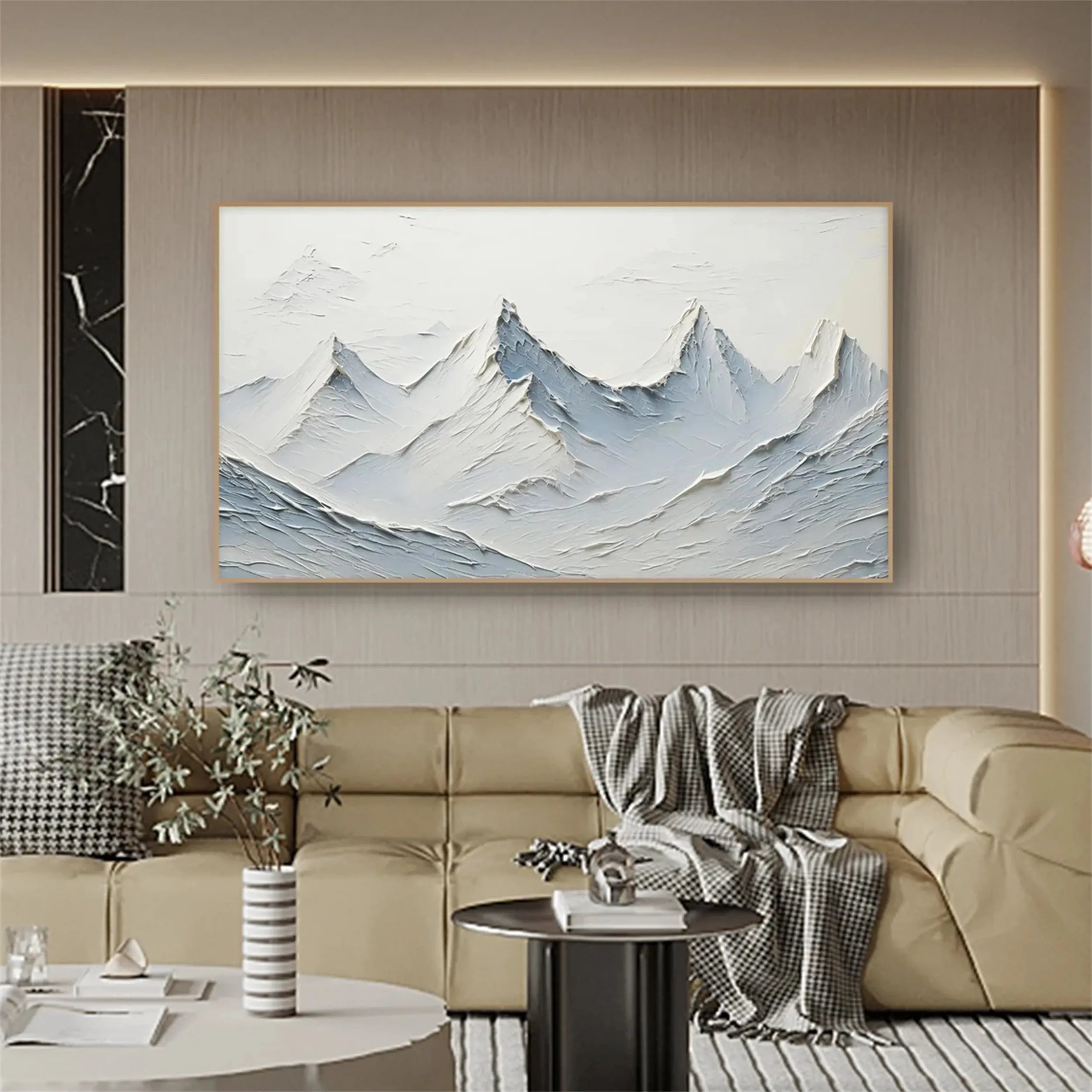 Icy Blue & White Mountain Art - Textured Horizontal Canvas #JJ 378