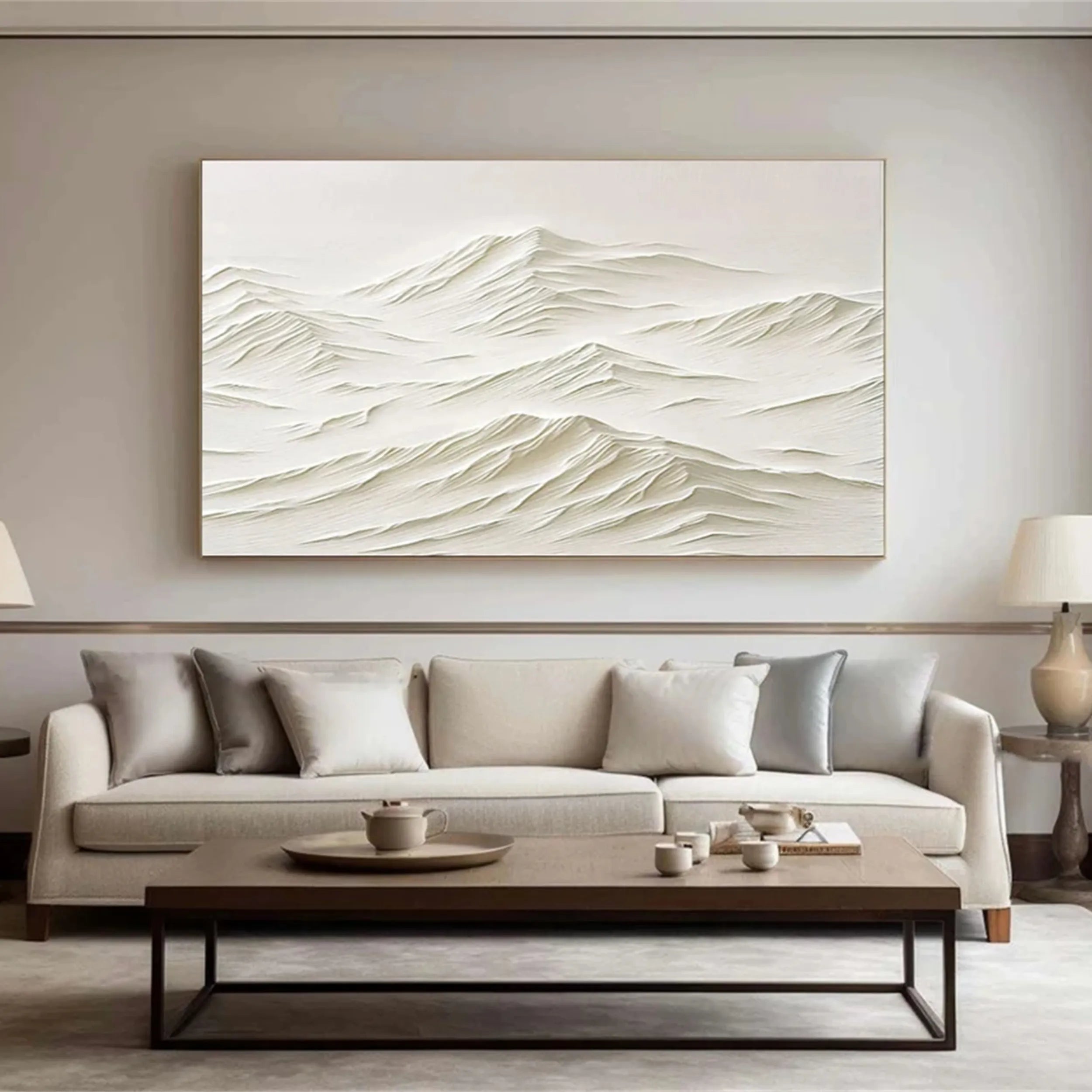 Modern White Layered Hills Art - Horizontal Textured Landscape