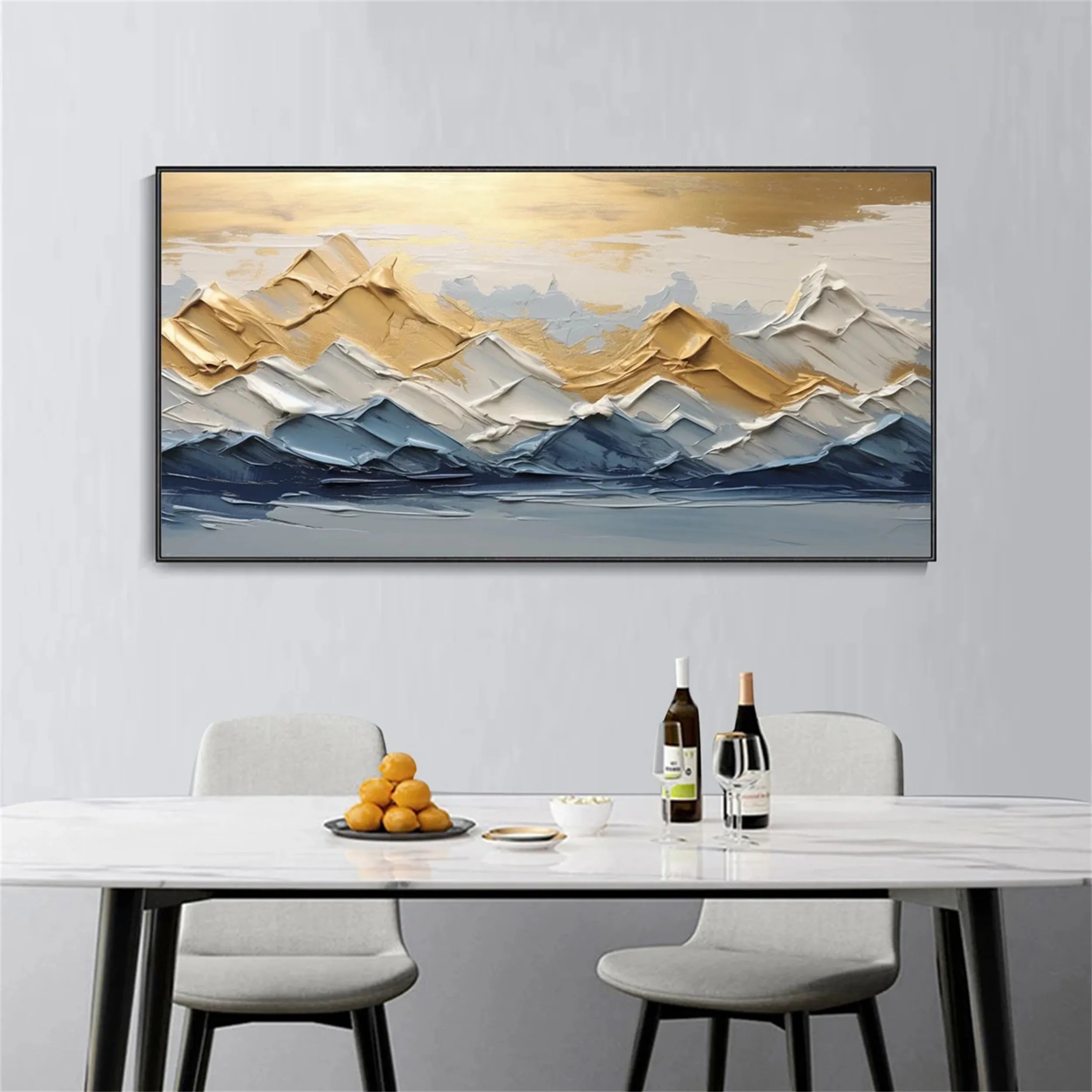 Gold & Blue Textured Mountain Art - Abstract Sunset Landscape #JJ 380