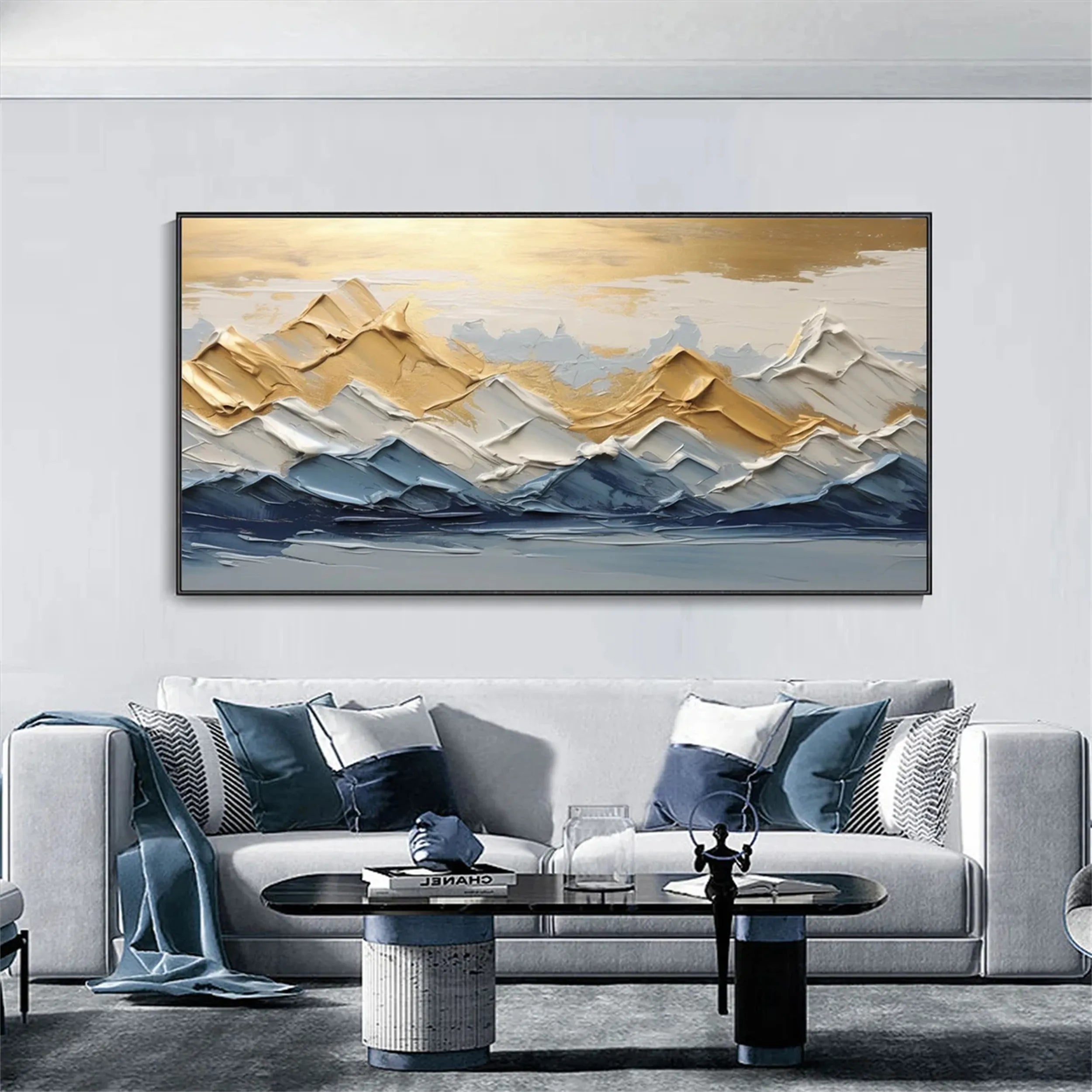 Gold & Blue Textured Mountain Art - Abstract Sunset Landscape #JJ 380