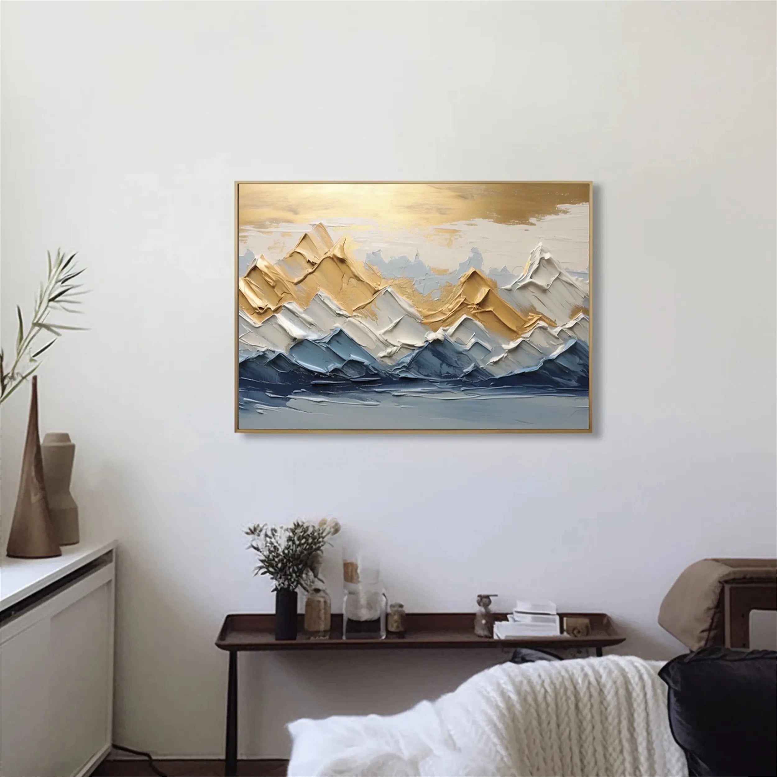 Gold & Blue Textured Mountain Art - Abstract Sunset Landscape #JJ 380