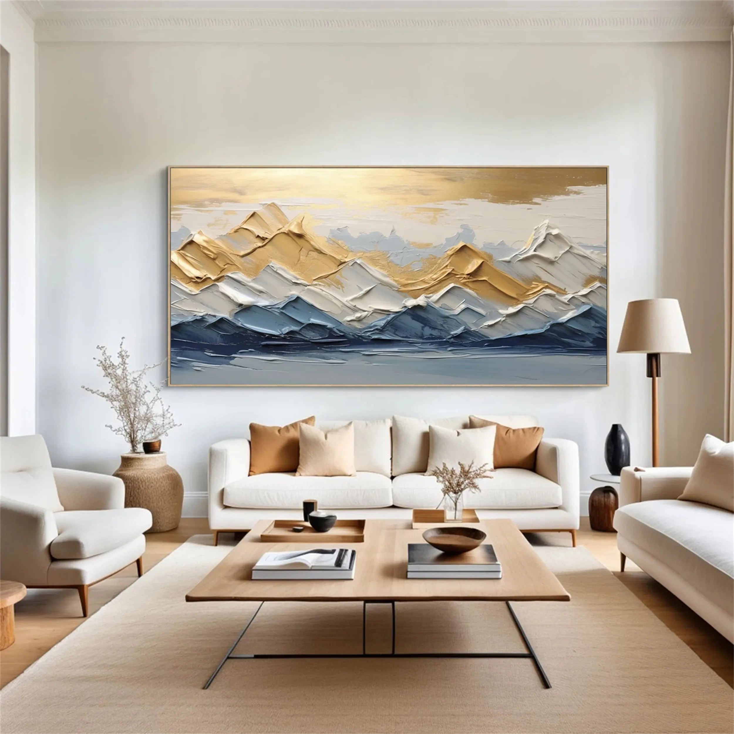 Gold & Blue Textured Mountain Art - Abstract Sunset Landscape #JJ 380