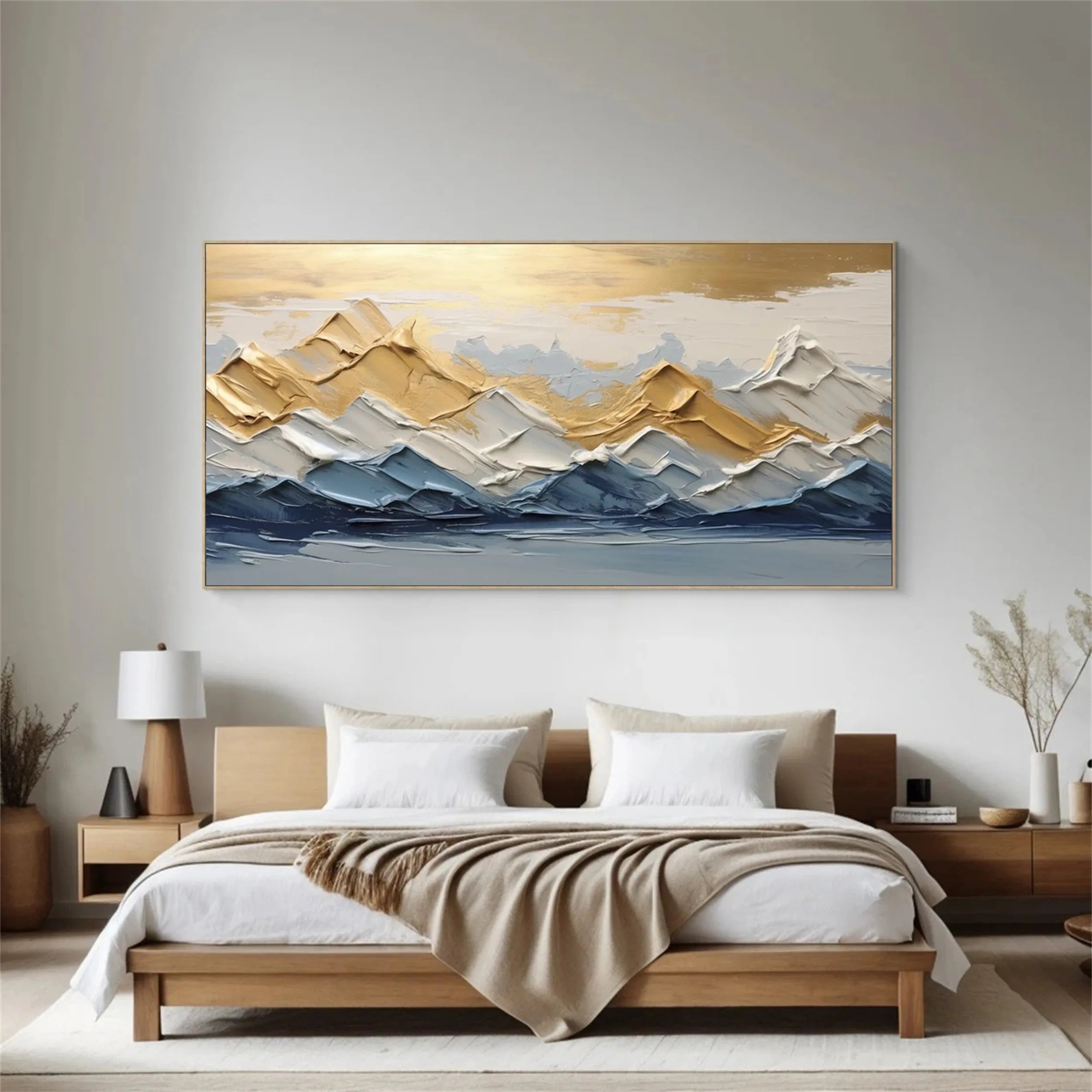 Gold & Blue Textured Mountain Art - Abstract Sunset Landscape #JJ 380