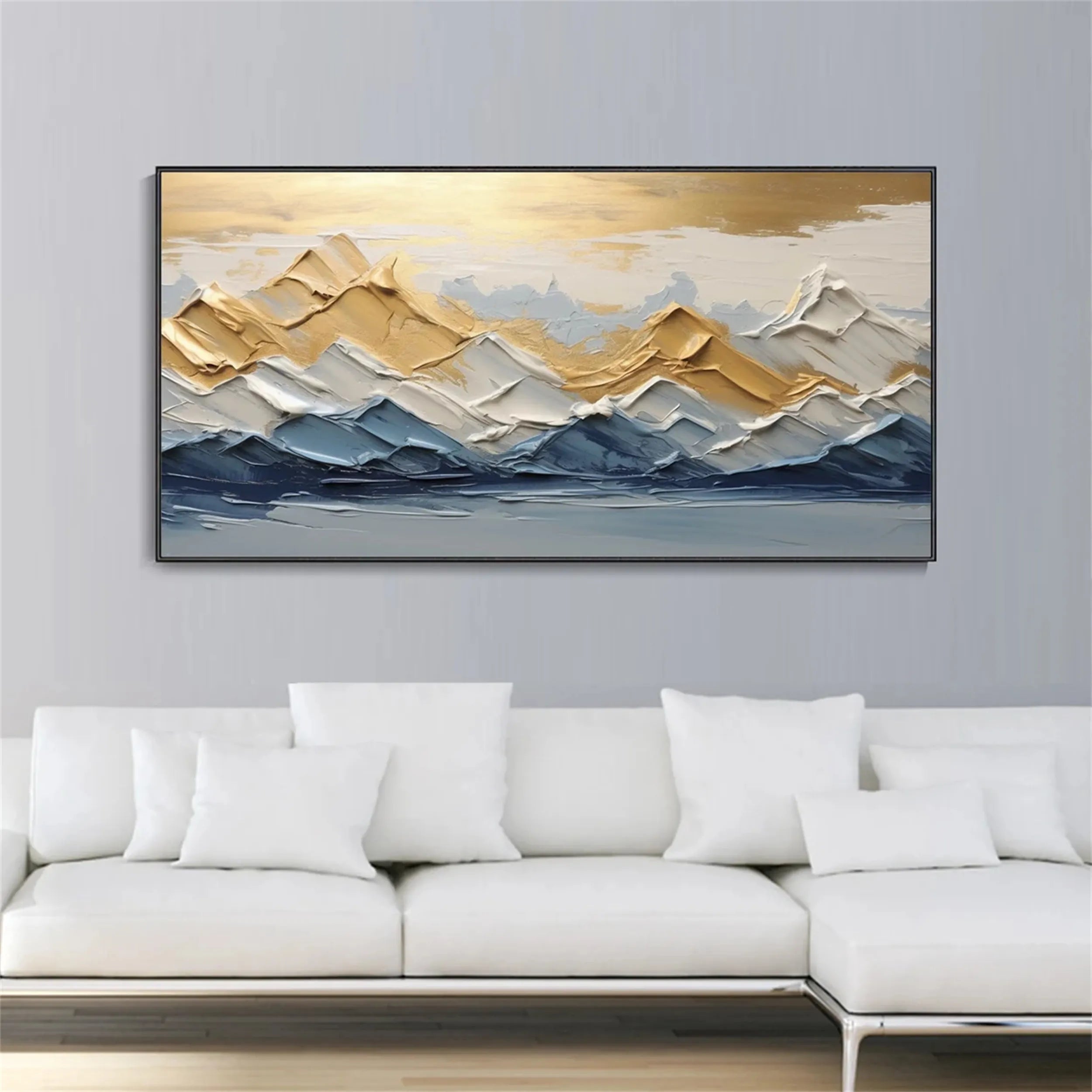 Gold & Blue Textured Mountain Art - Abstract Sunset Landscape #JJ 380