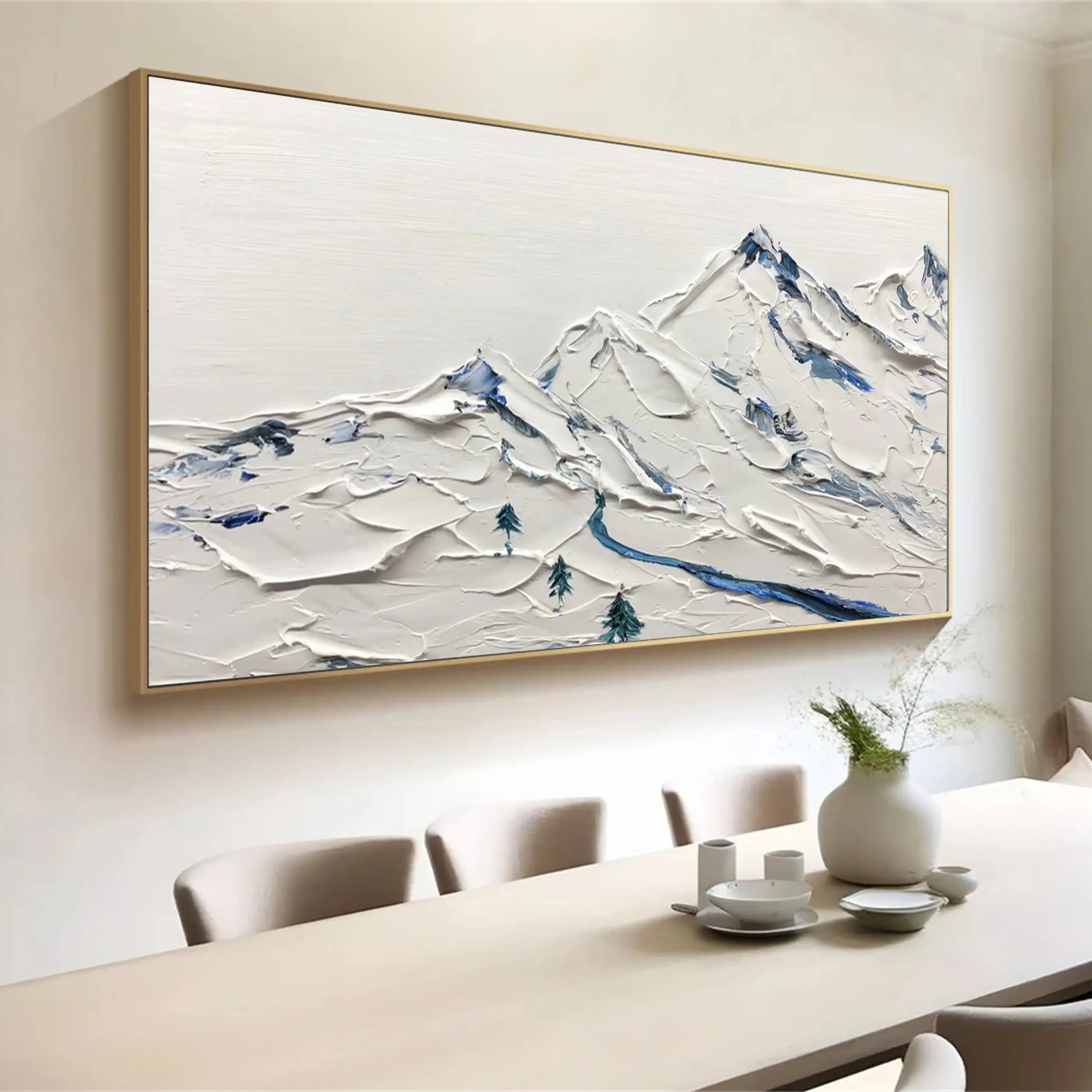 Large Abstract Mountain Painting | Blue & White Textured Art #JJ 387