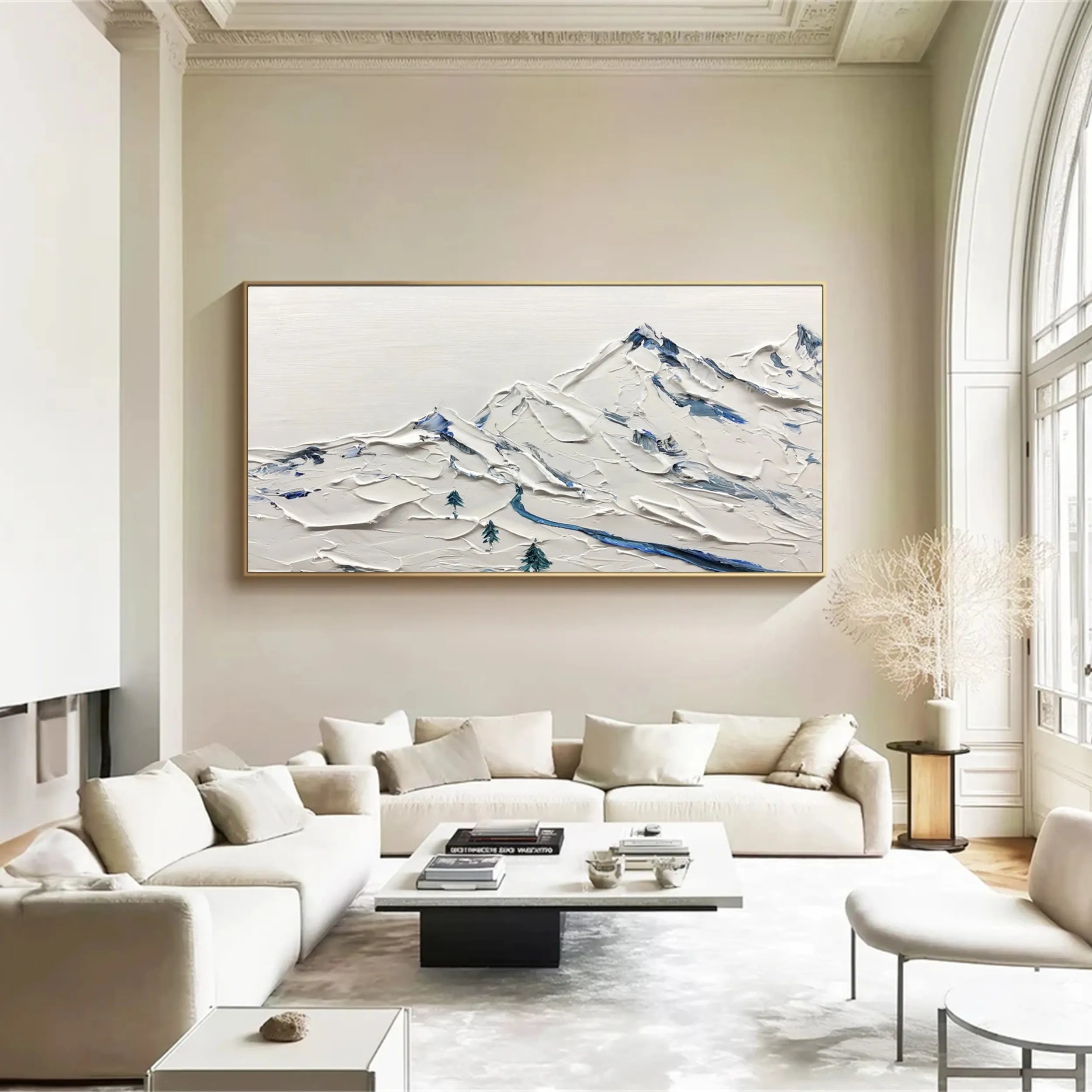 Large Abstract Mountain Painting | Blue & White Textured Art #JJ 387
