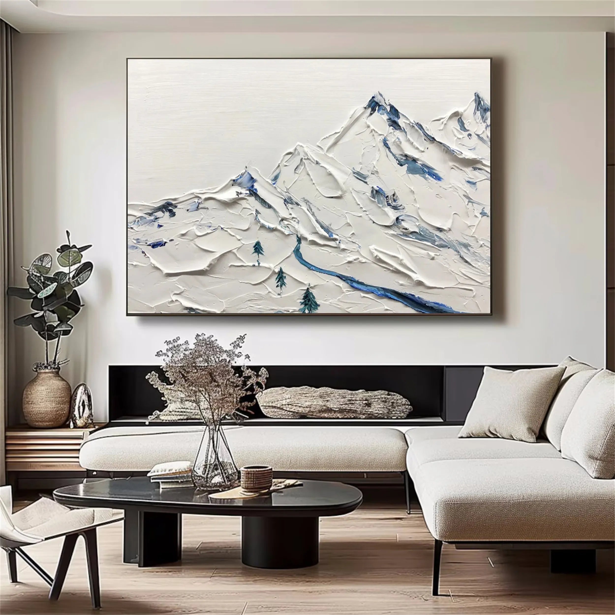 Large Abstract Mountain Painting | Blue & White Textured Art #JJ 387