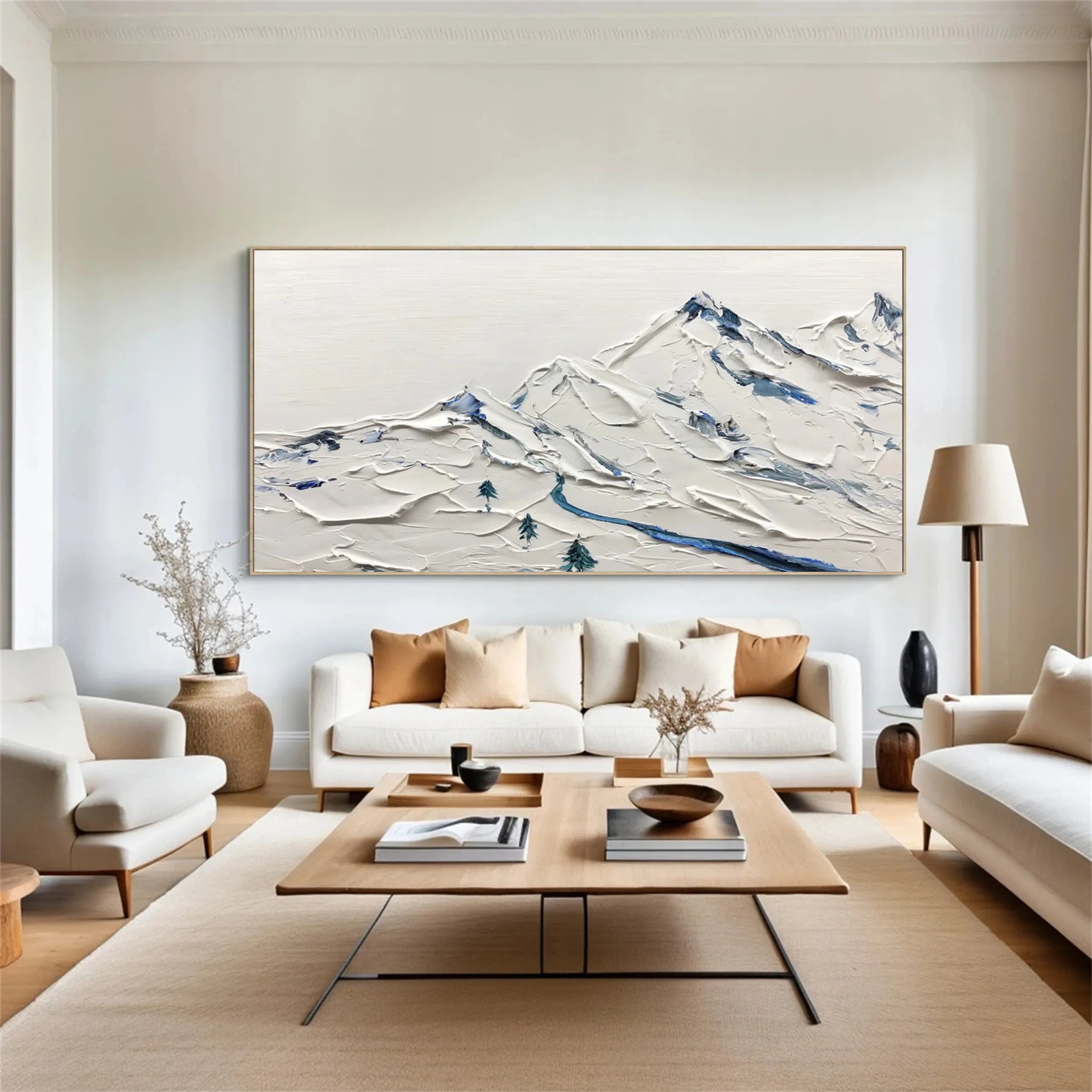 Large Abstract Mountain Painting | Blue & White Textured Art #JJ 387