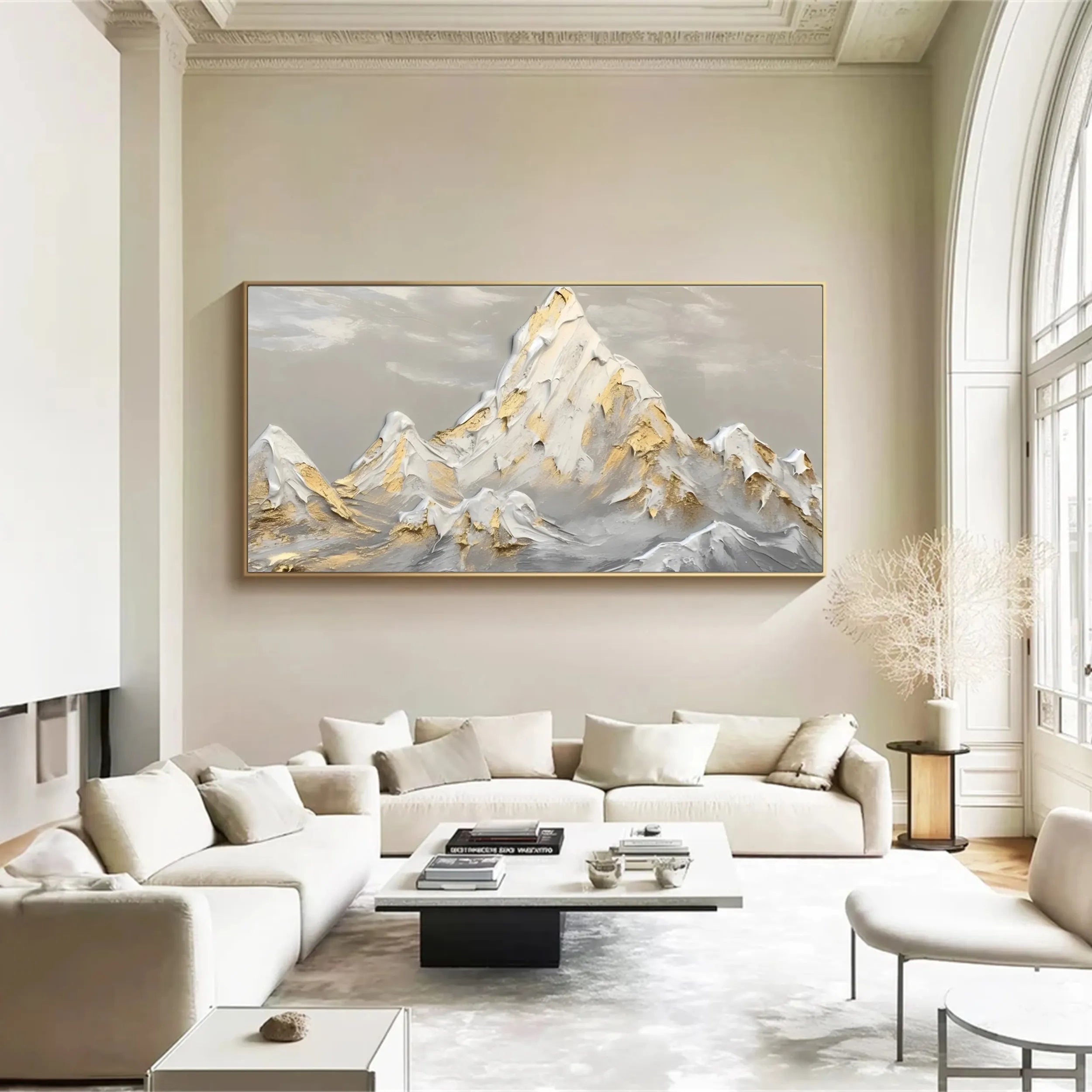 Textured Gold & White Mountain Art - Abstract Landscape Painting #JJ 381