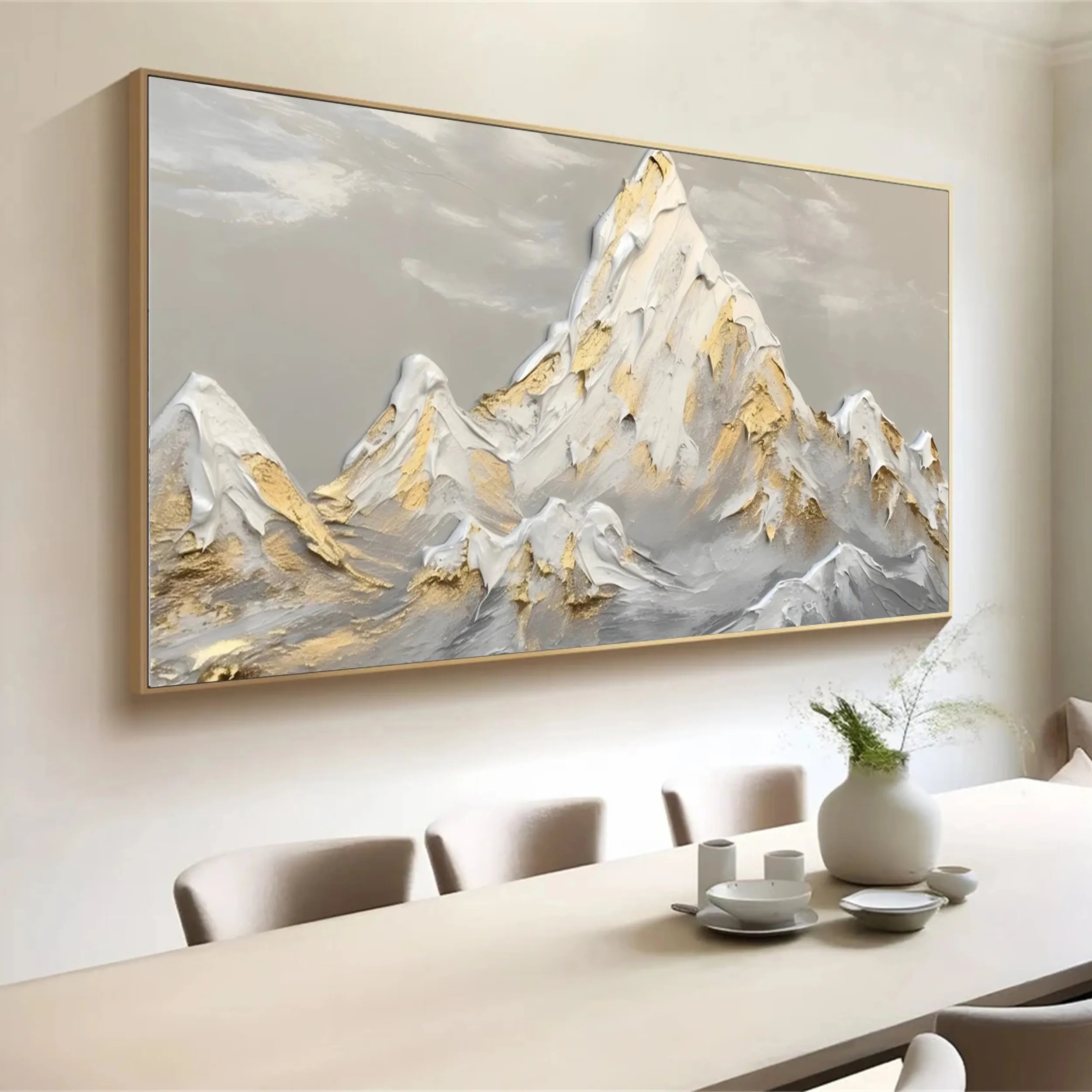 Textured Gold & White Mountain Art - Abstract Landscape Painting #JJ 381