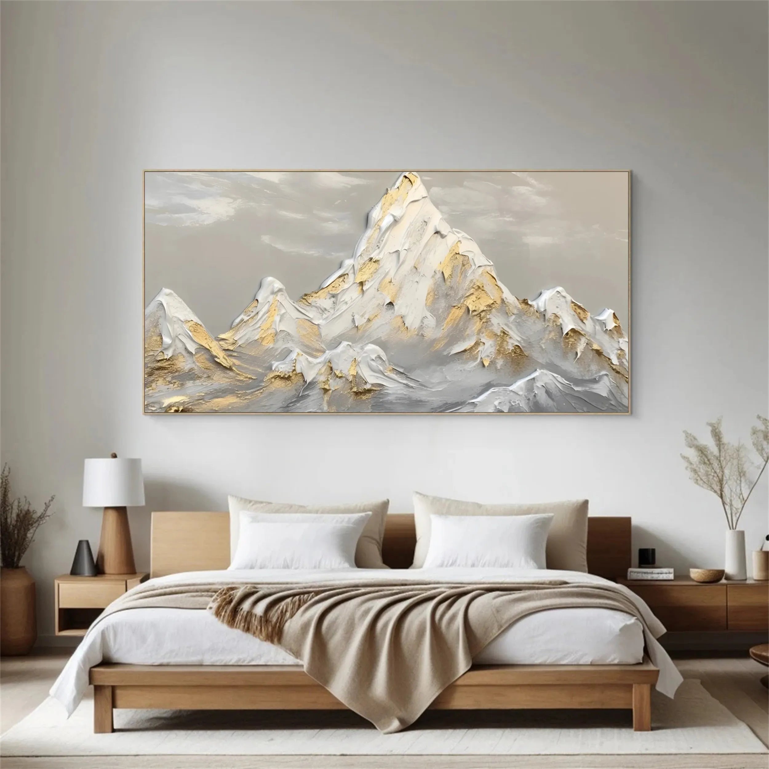 Textured Gold & White Mountain Art - Abstract Landscape Painting #JJ 381
