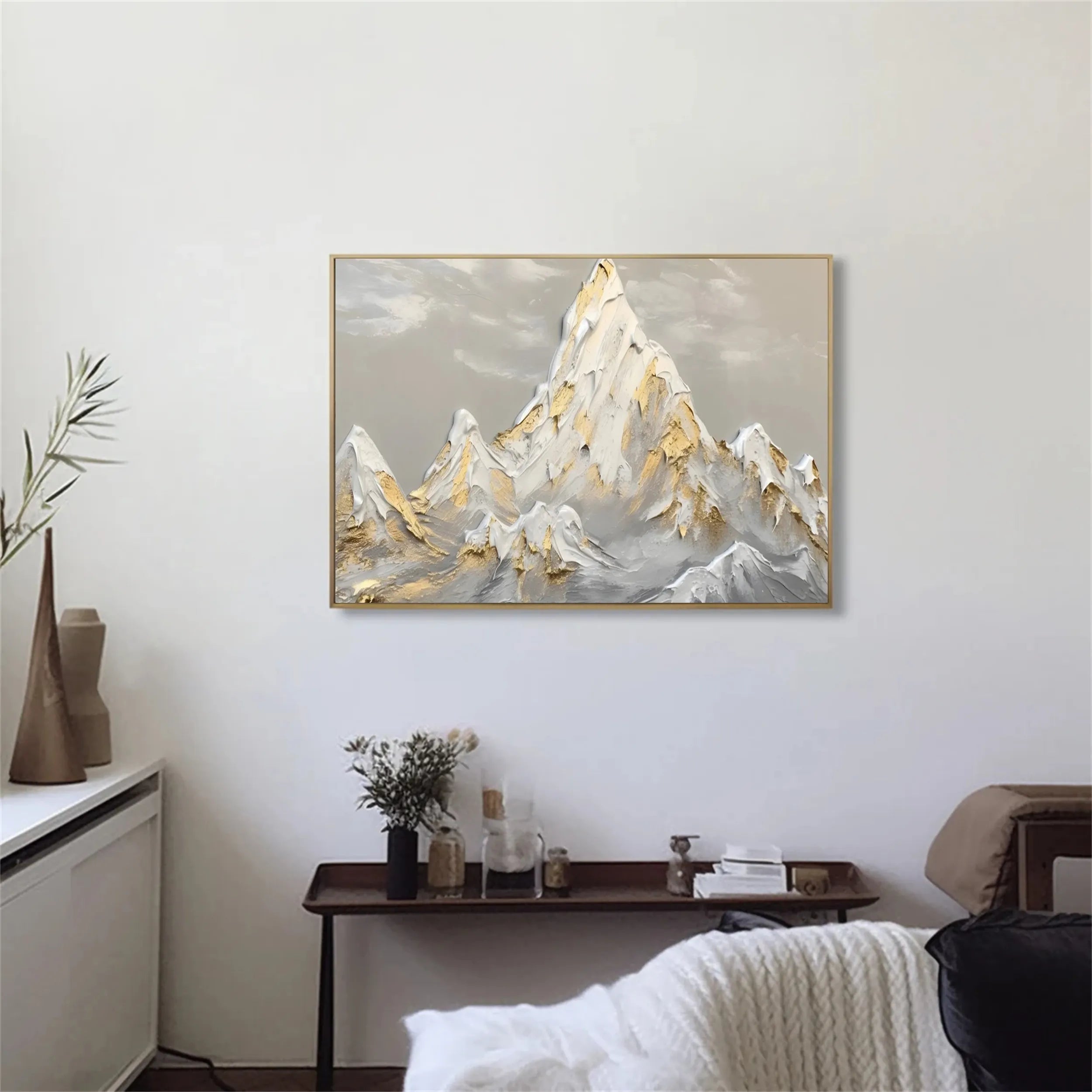 Textured Gold & White Mountain Art - Abstract Landscape Painting #JJ 381