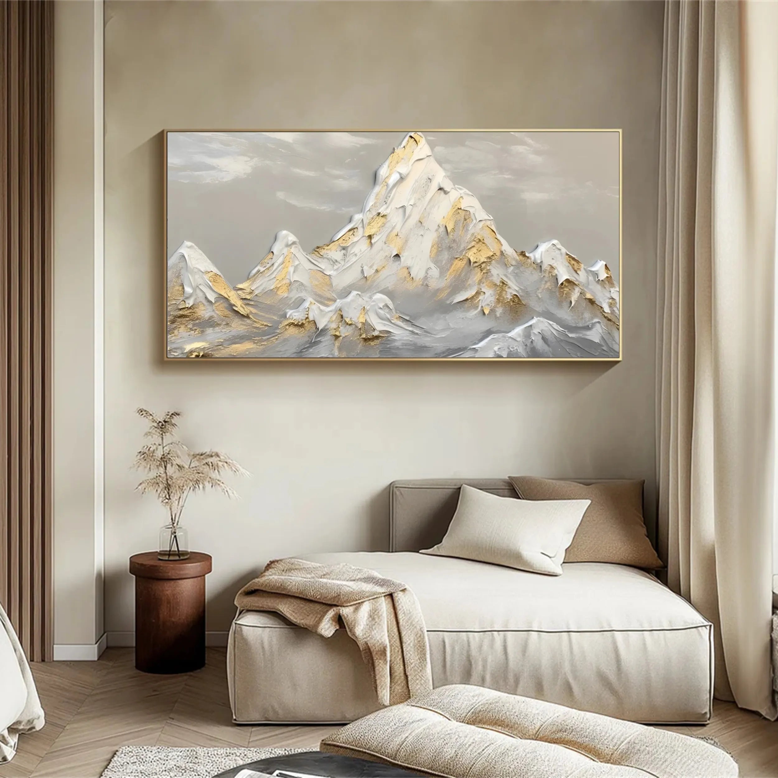 Textured Gold & White Mountain Art - Abstract Landscape Painting #JJ 381