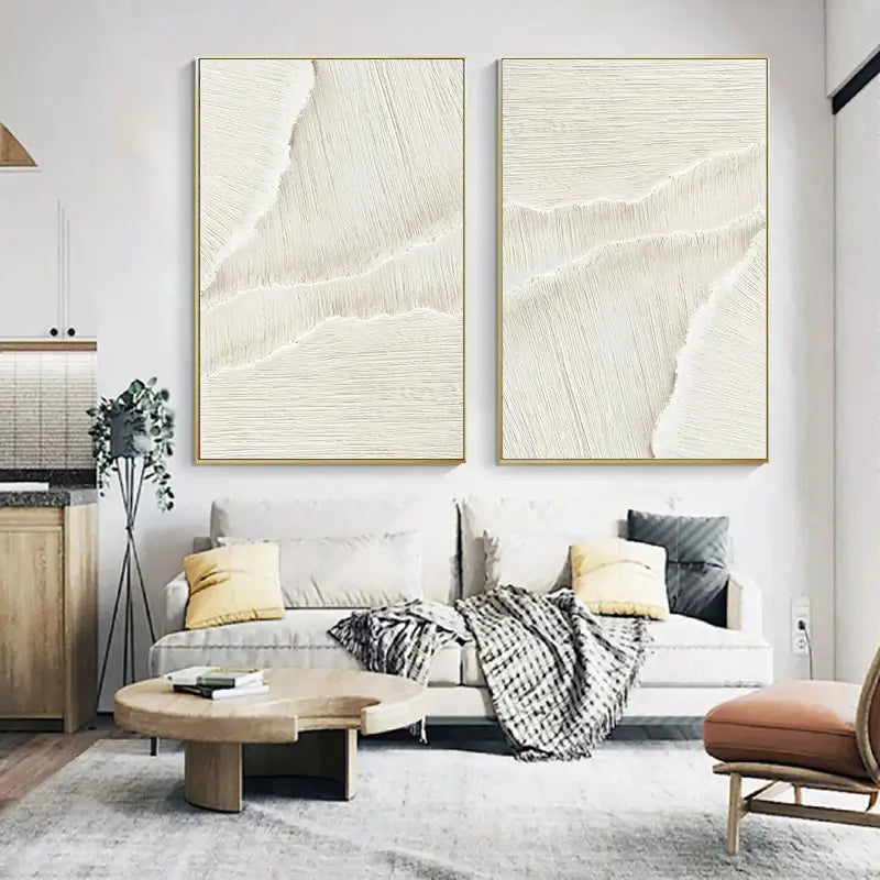 Textured White Diptych | Set of 2 Abstract Linear Wall Art Paintings #JJ 087