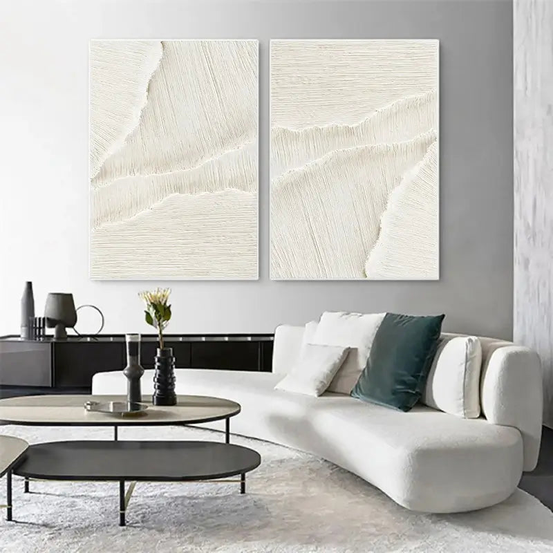 Textured White Diptych | Set of 2 Abstract Linear Wall Art Paintings #JJ 087
