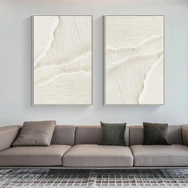 Textured White Diptych | Set of 2 Abstract Linear Wall Art Paintings #JJ 087