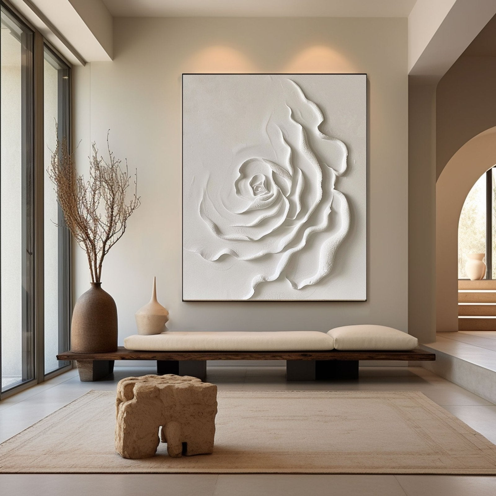Contemporary White Rose Painting - Textured Floral Artwork #TC 175