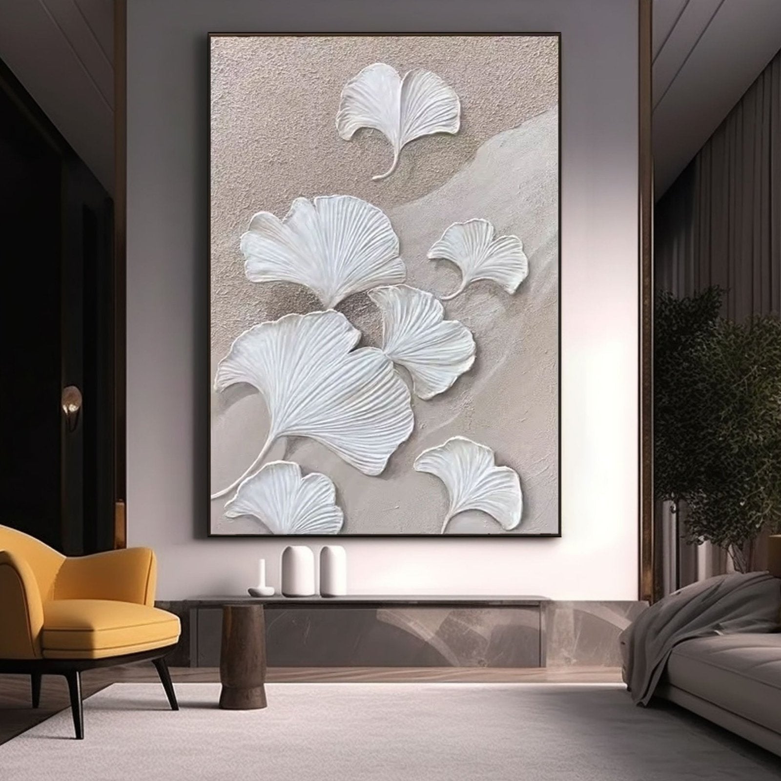 White and Beige Plaster Art, Modern Floral and Leaf Decor