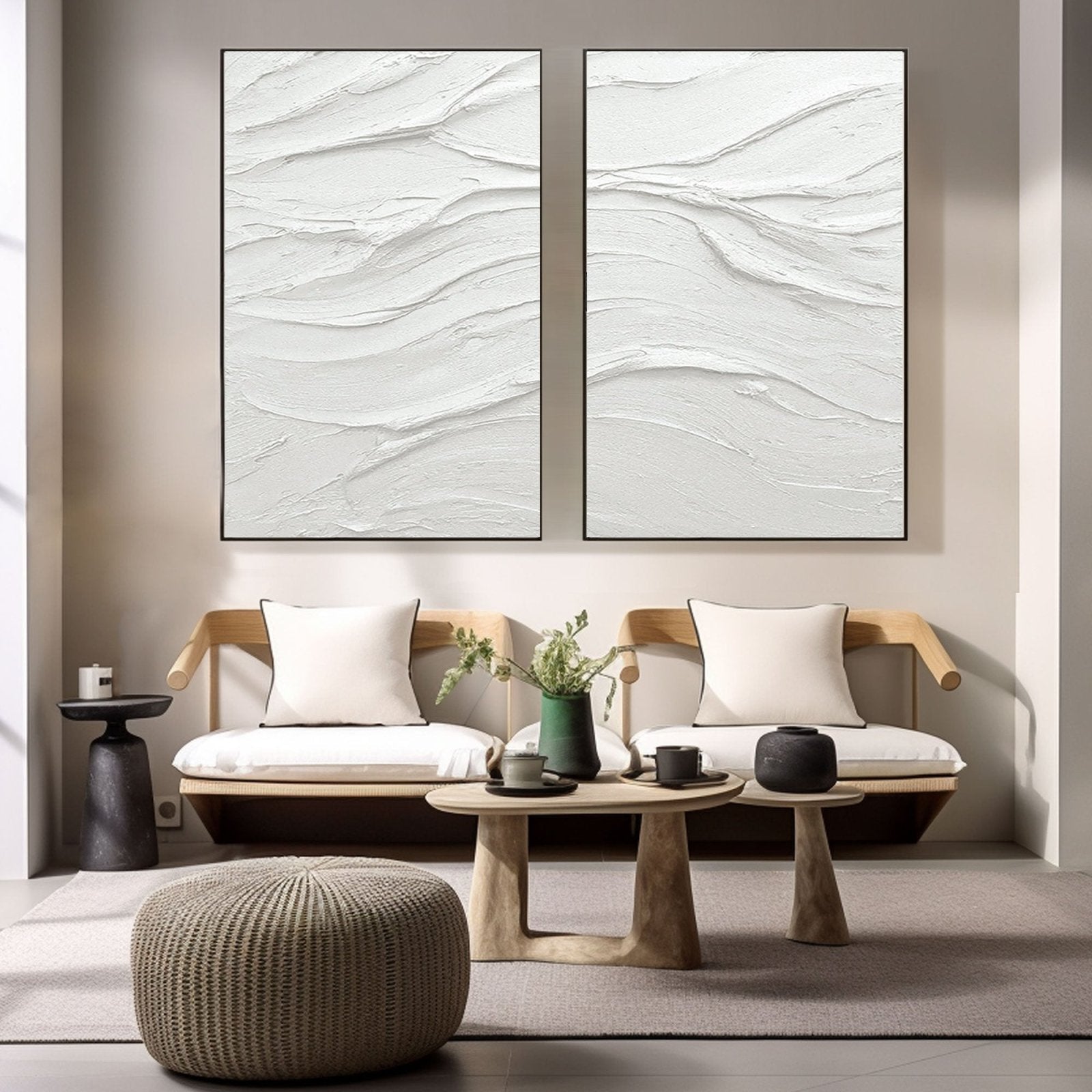 White Abstract Painting Diptych | Large 3D Wall Art Set