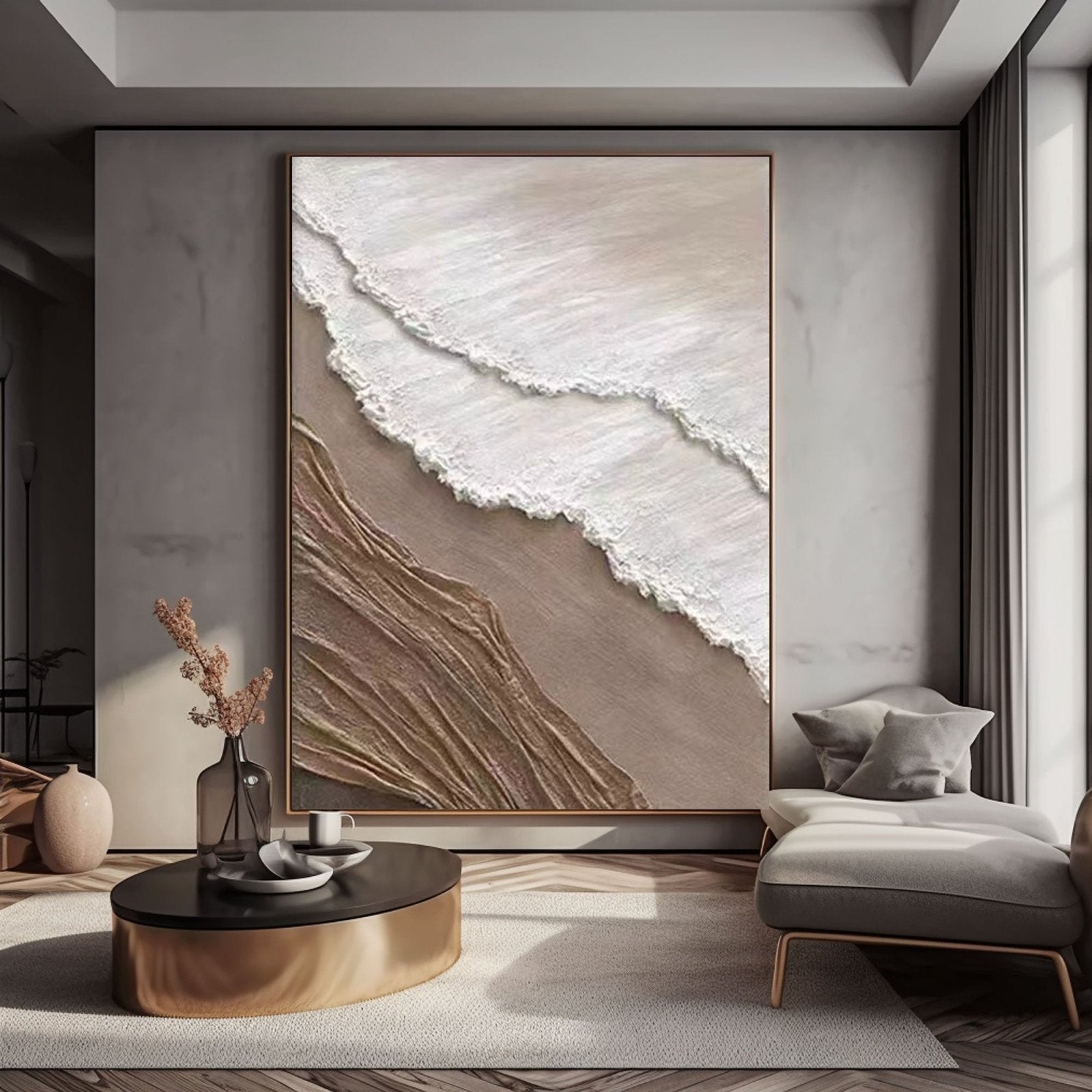 Textured Ocean Wall Art | Beige Beach Waves Painting for Modern Decor