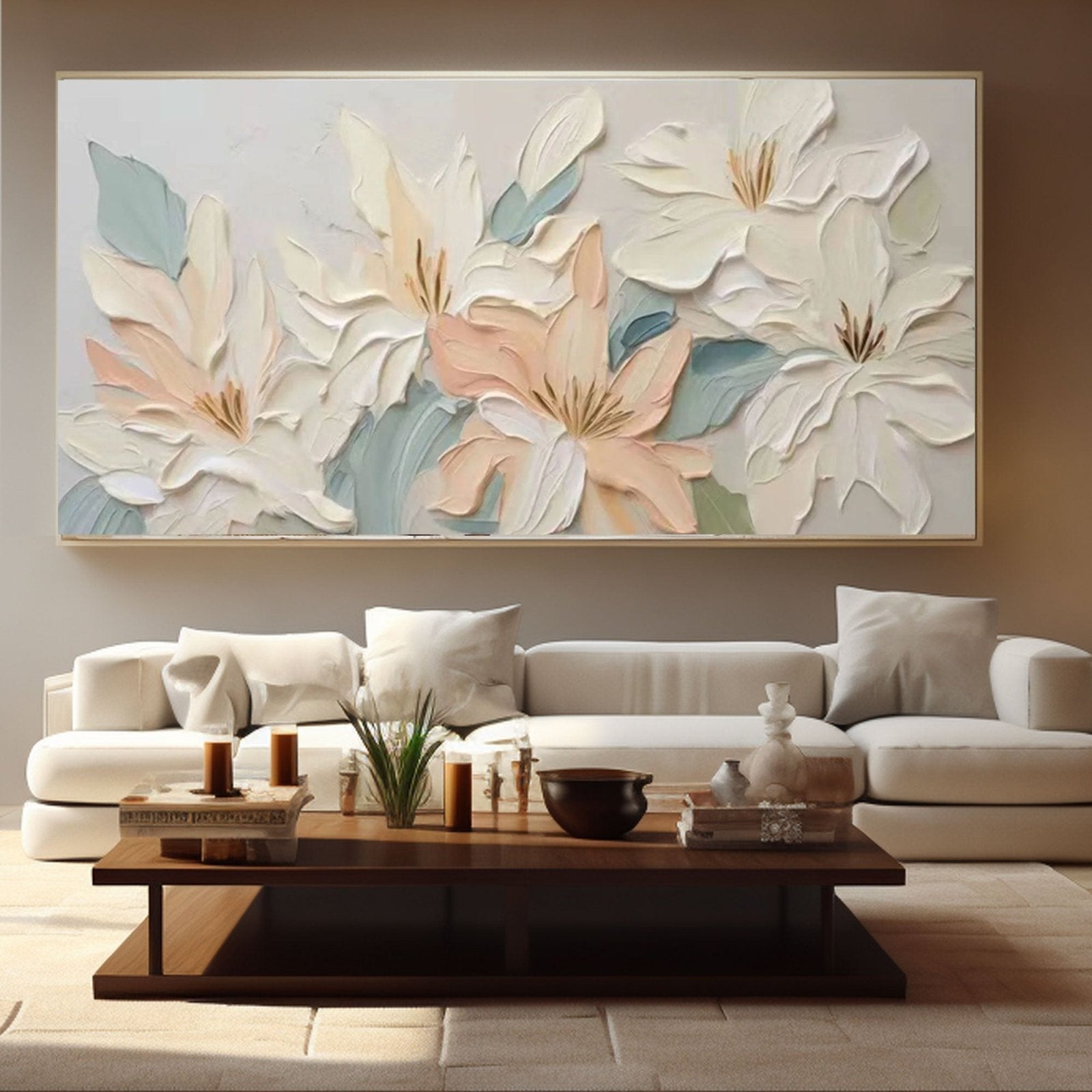 Large Horizontal Wall Art | Panoramic Pastel Floral Painting