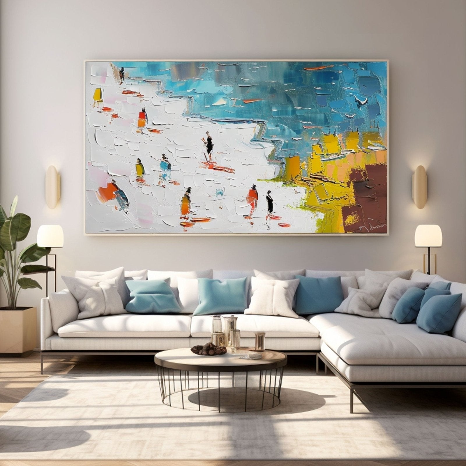 Panoramic Beach Scene Canvas Wall Art | Colorful Crowd by the Sea #AA 449