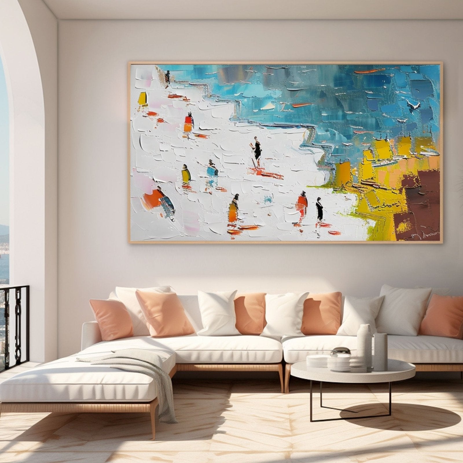 Panoramic Beach Scene Canvas Wall Art | Colorful Crowd by the Sea #AA 449