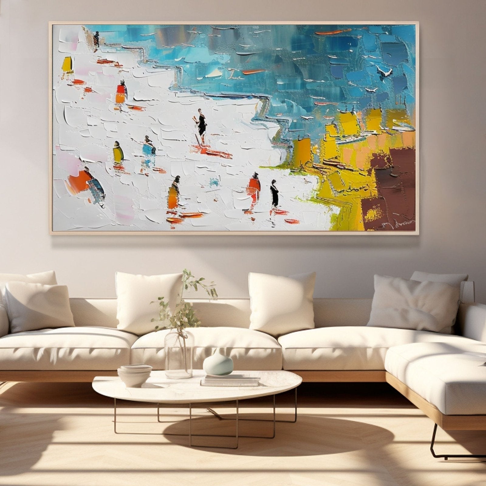 Panoramic Beach Scene Canvas Wall Art | Colorful Crowd by the Sea #AA 449