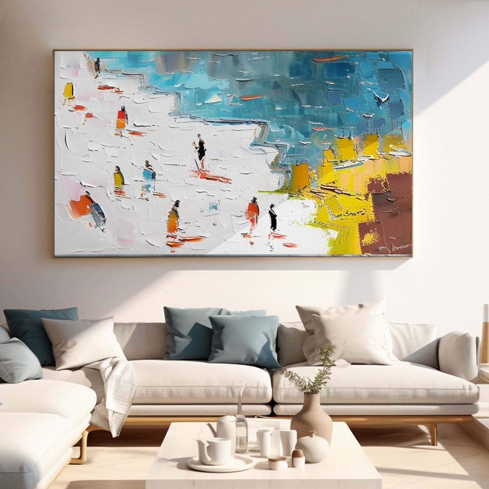 Panoramic Beach Scene Canvas Wall Art | Colorful Crowd by the Sea #AA 449