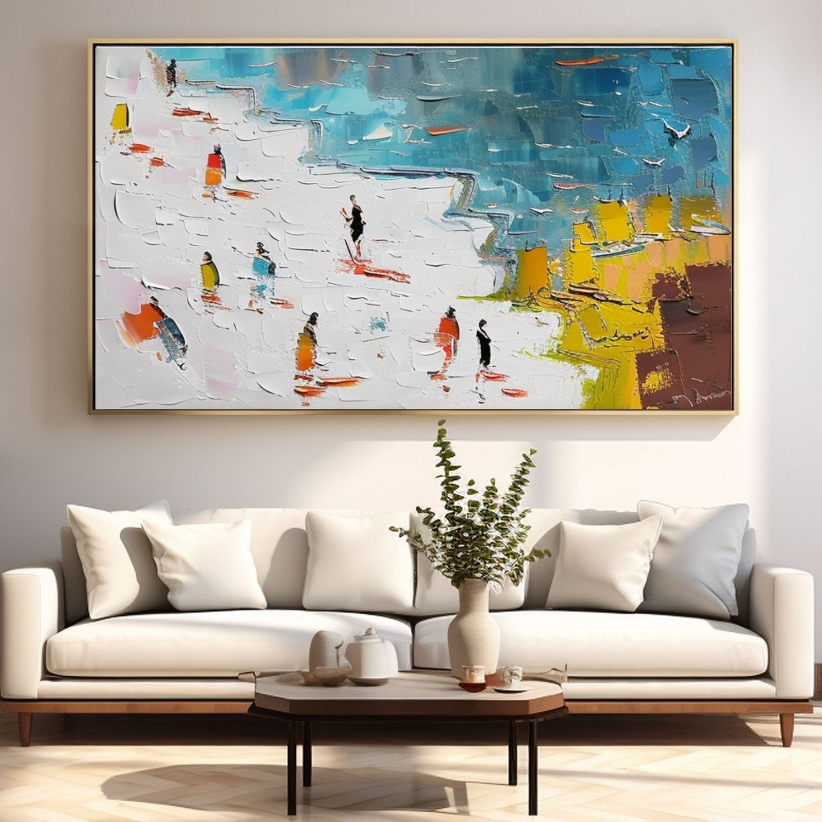 Panoramic Beach Scene Canvas Wall Art | Colorful Crowd by the Sea #AA 449