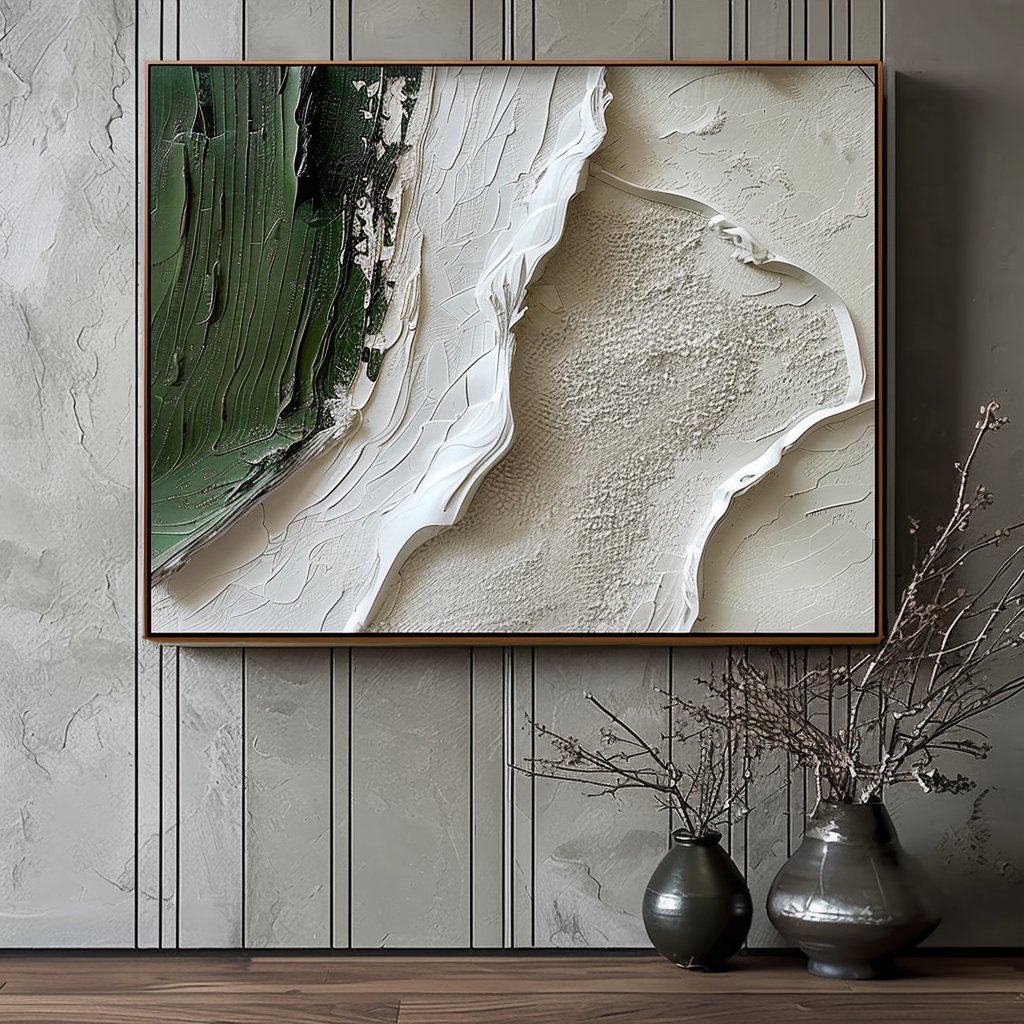 Textured Abstract Landscape Oil Painting | Original Green and White Artwork #TC 181