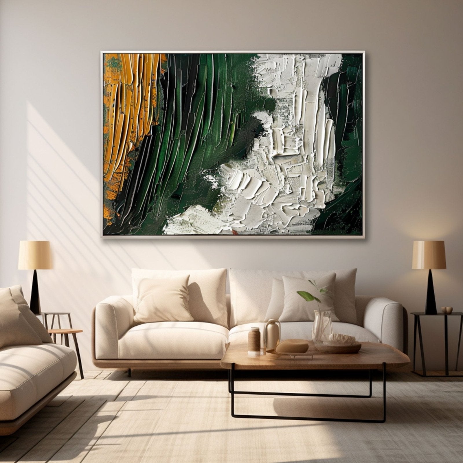 Large Abstract Oil Painting | Green & White Textured Wall Art #TC 230