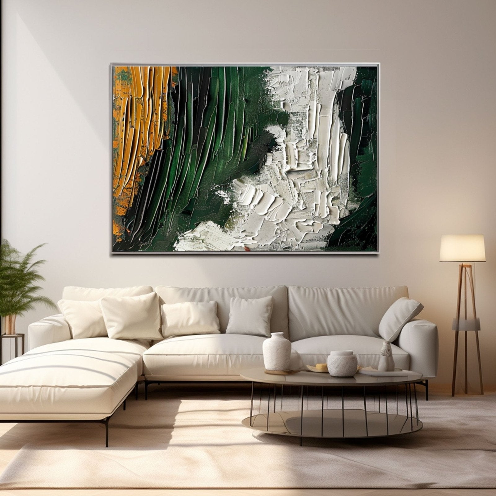 Large Abstract Oil Painting | Green & White Textured Wall Art #TC 230