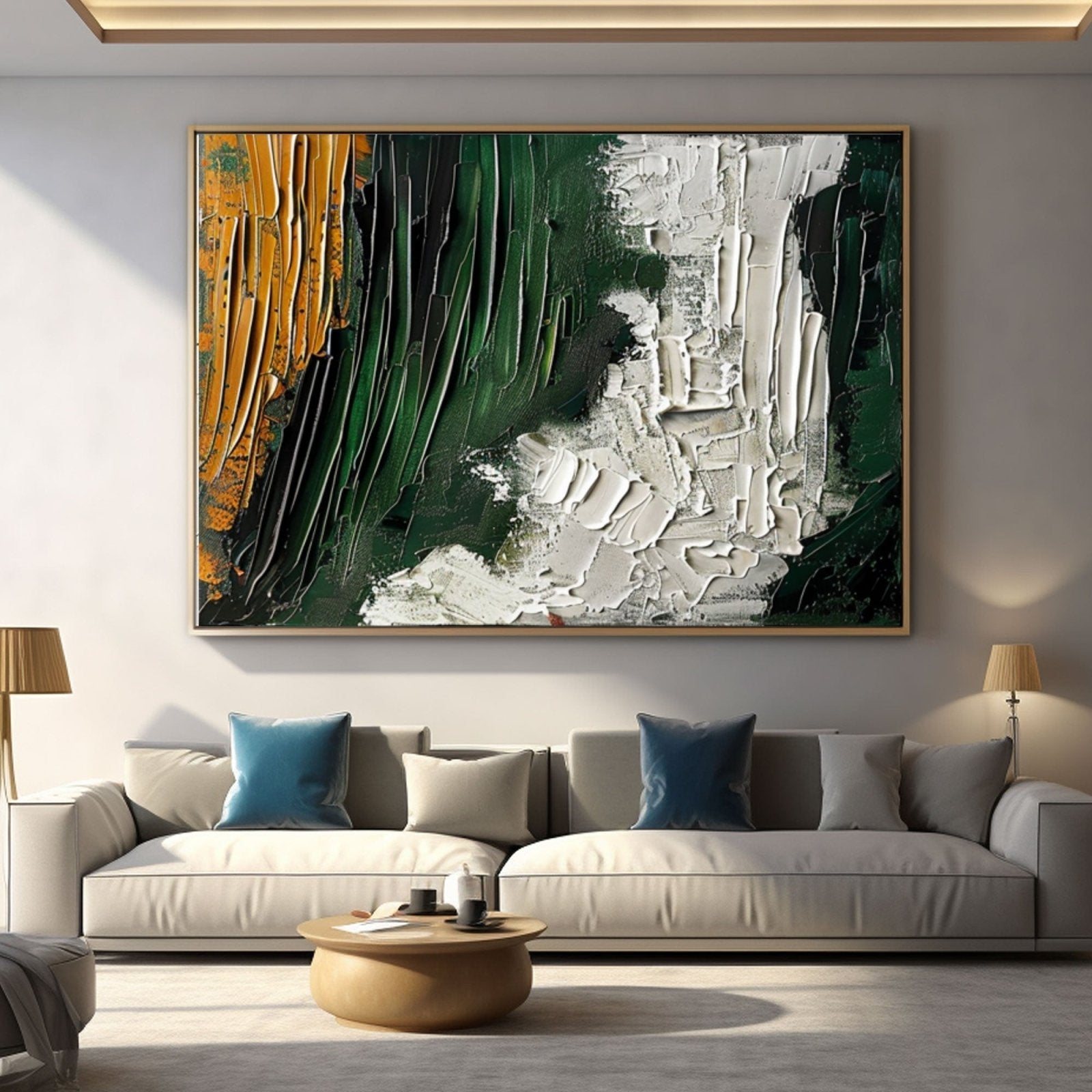 Large Abstract Oil Painting | Green & White Textured Wall Art #TC 230