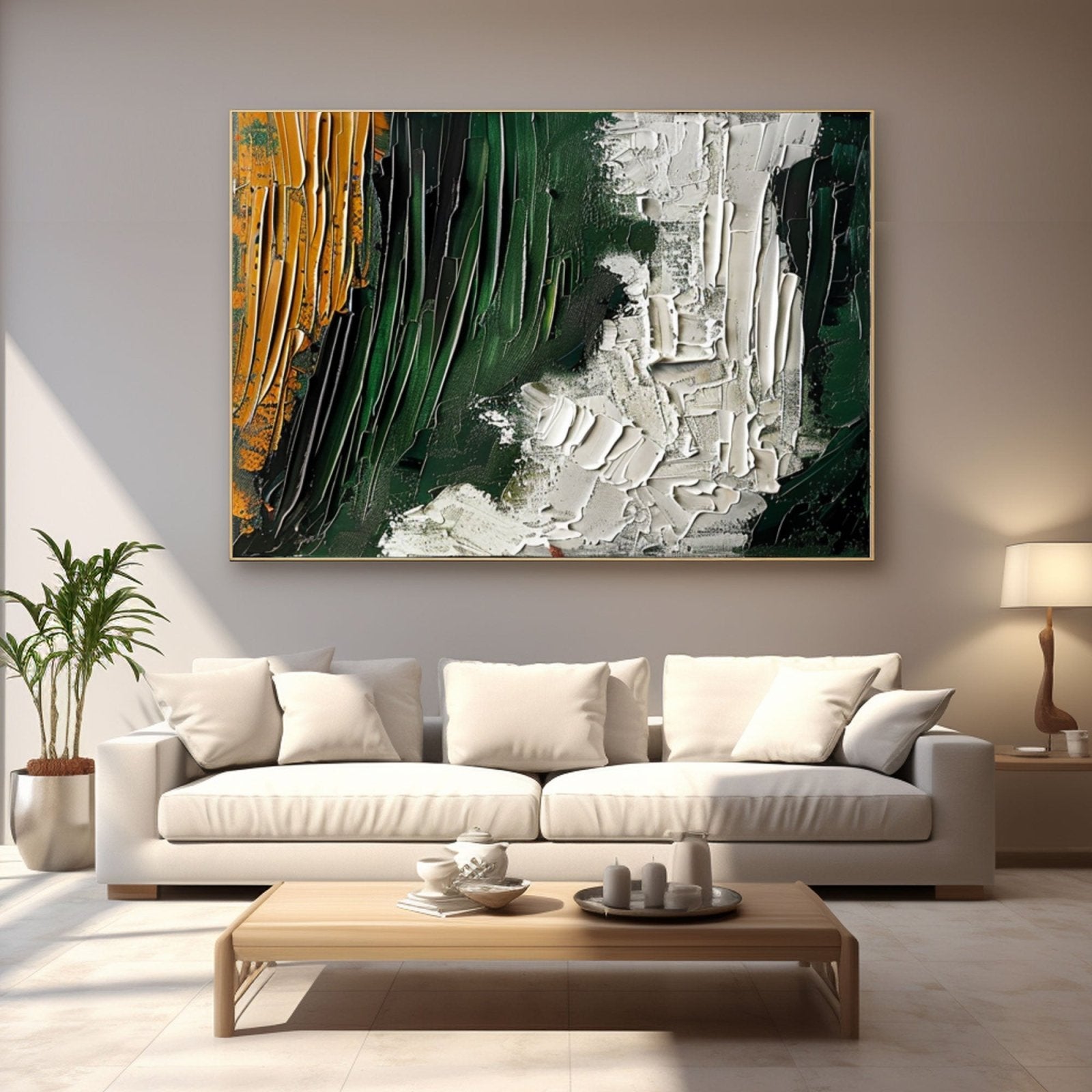 Large Abstract Oil Painting | Green & White Textured Wall Art #TC 230