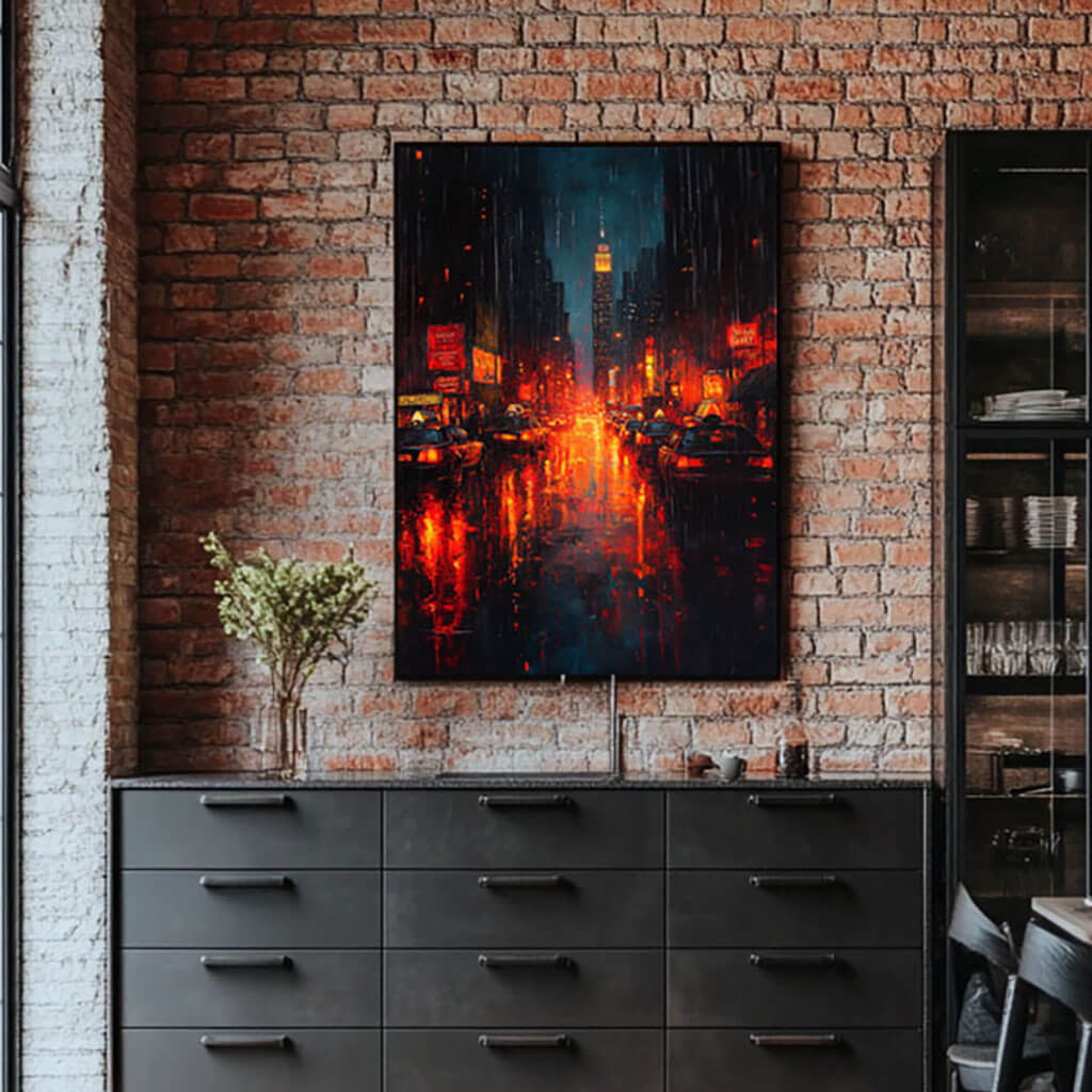 Rainy New York City Night Canvas Art | Vertical Urban Landscape #AA 345
