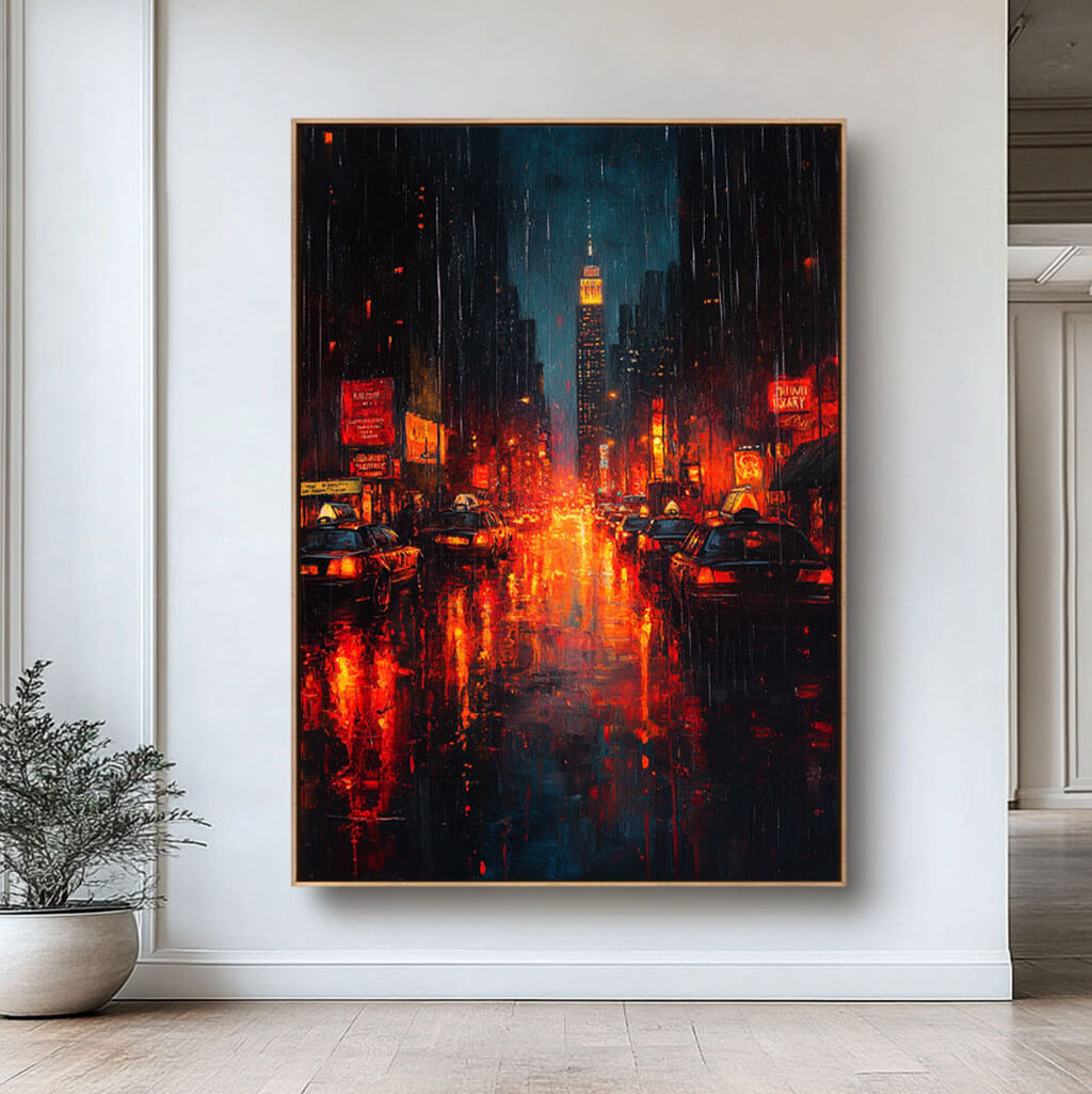 Romantic Rainy Street Canvas Painting | Moody Night Walk Art