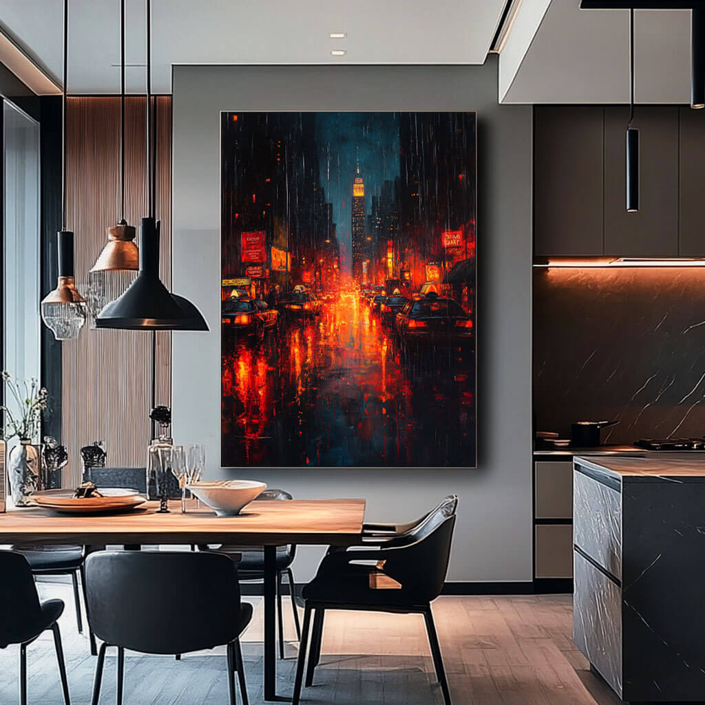 Rainy New York City Night Canvas Art | Vertical Urban Landscape #AA 345