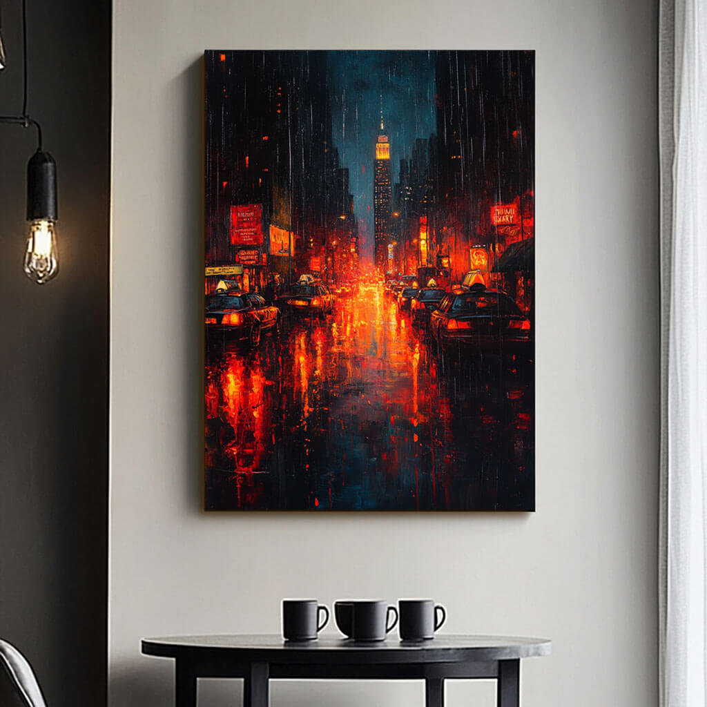 Rainy New York City Night Canvas Art | Vertical Urban Landscape #AA 345