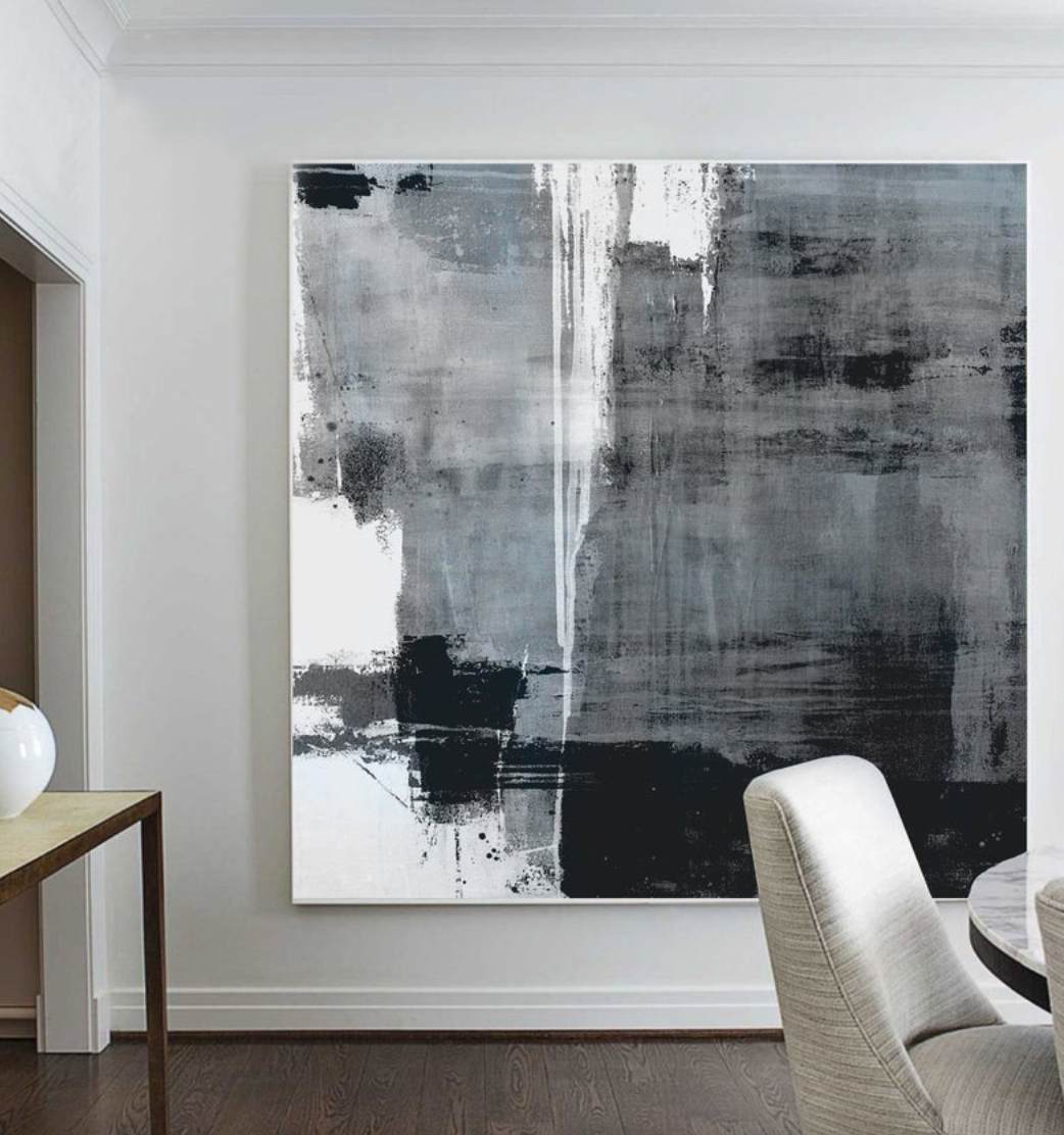 Monochromatic Abstract Art | Large Square Greyscale Painting #ZZ 266