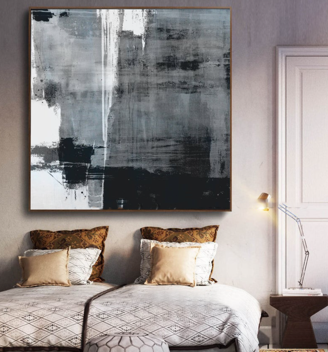 Monochromatic Abstract Art | Large Square Greyscale Painting #ZZ 266