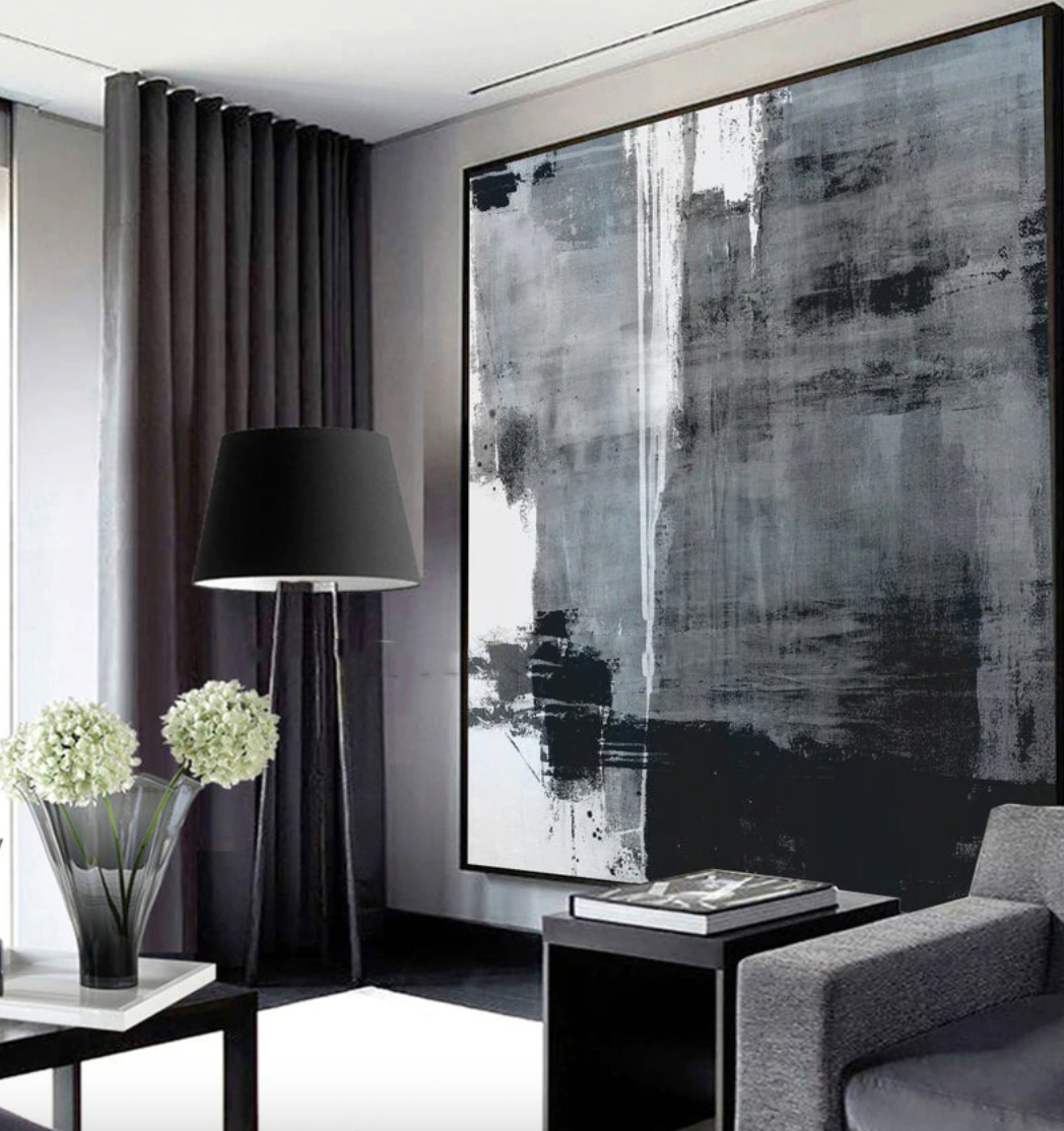 Monochromatic Abstract Art | Large Square Greyscale Painting #ZZ 266