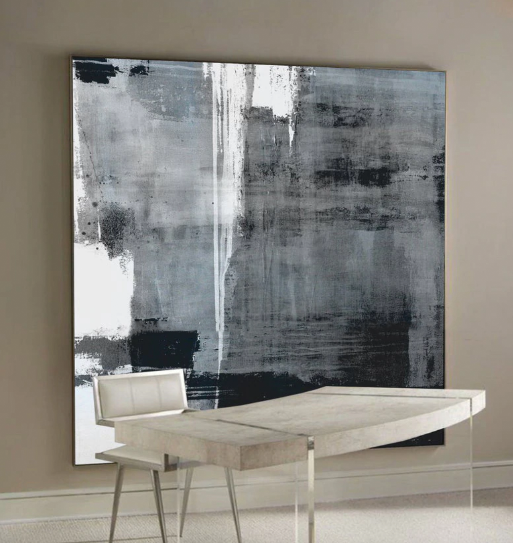 Monochromatic Abstract Art | Large Square Greyscale Painting #ZZ 266
