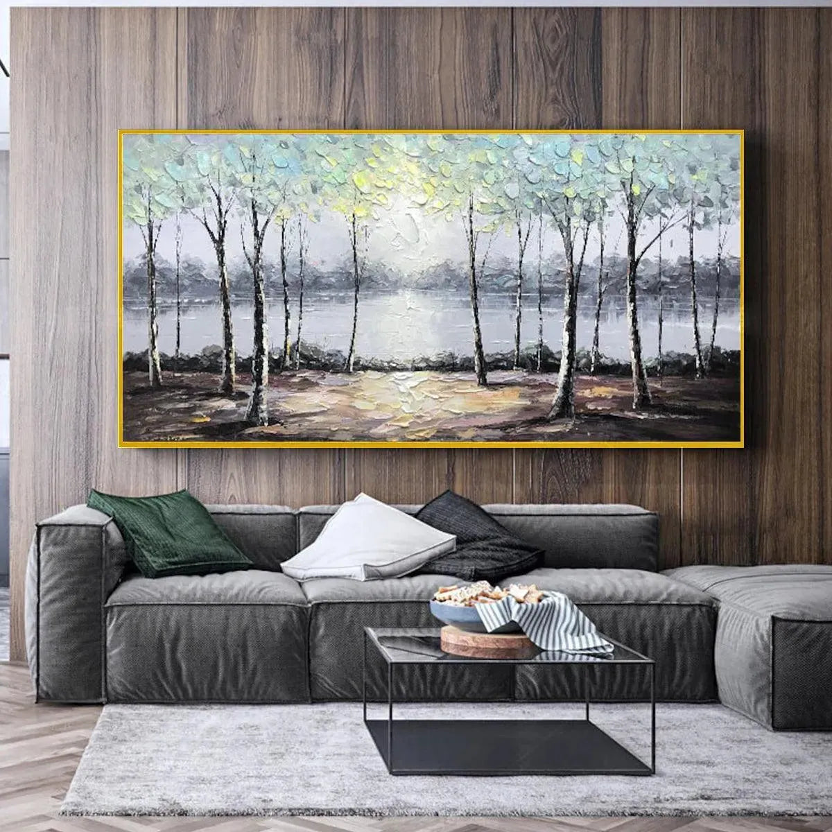 Sunrise Over Lake Painting | Textured Trees Wall Art