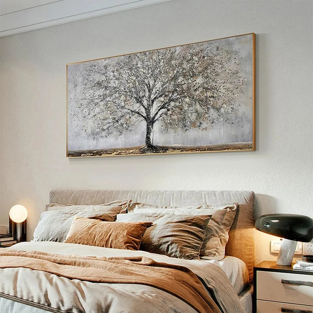 Silver and Grey Tree Canvas Wall Art | Neutral Panoramic Print #AA 394