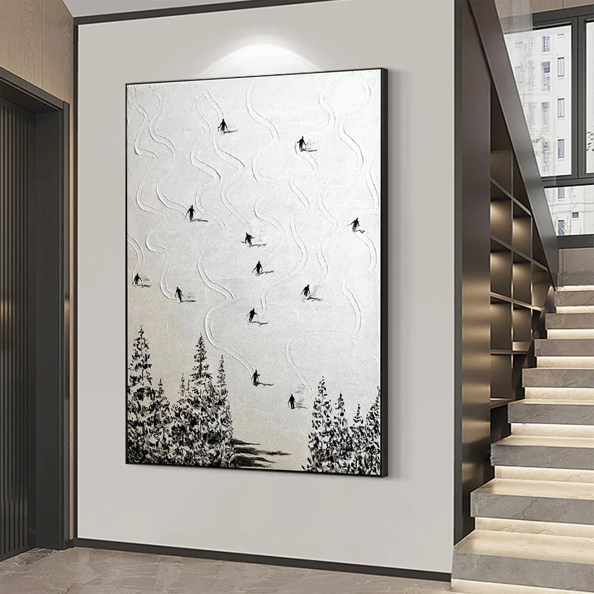 Black and White Ski Art | Large Textured Painting #AA 233