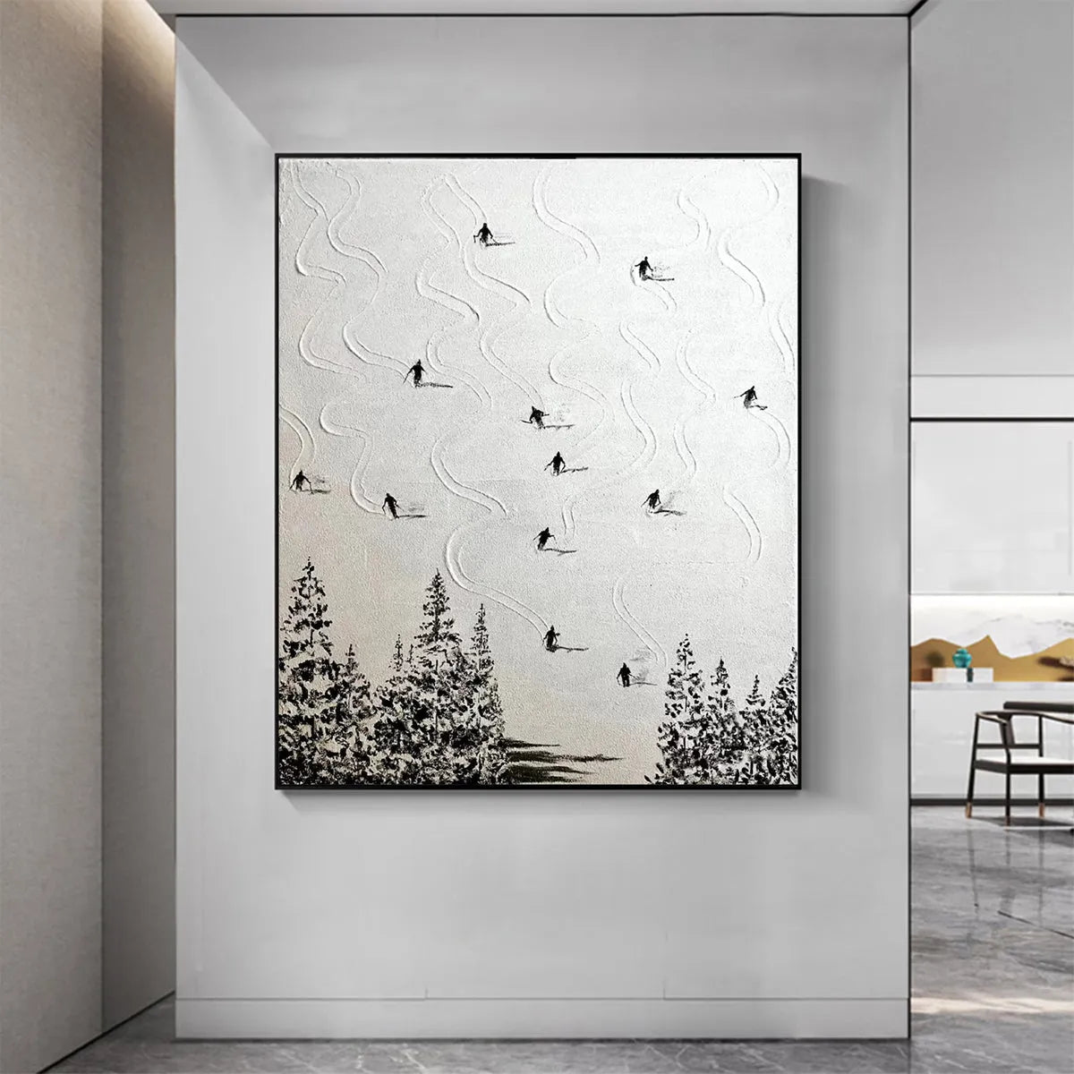 Black and White Ski Art | Large Textured Painting #AA 233