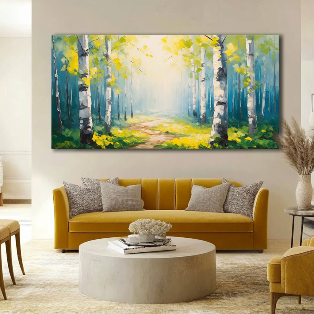 Sunny Birch Forest Canvas Wall Art | Nature Landscape Print #AA 375