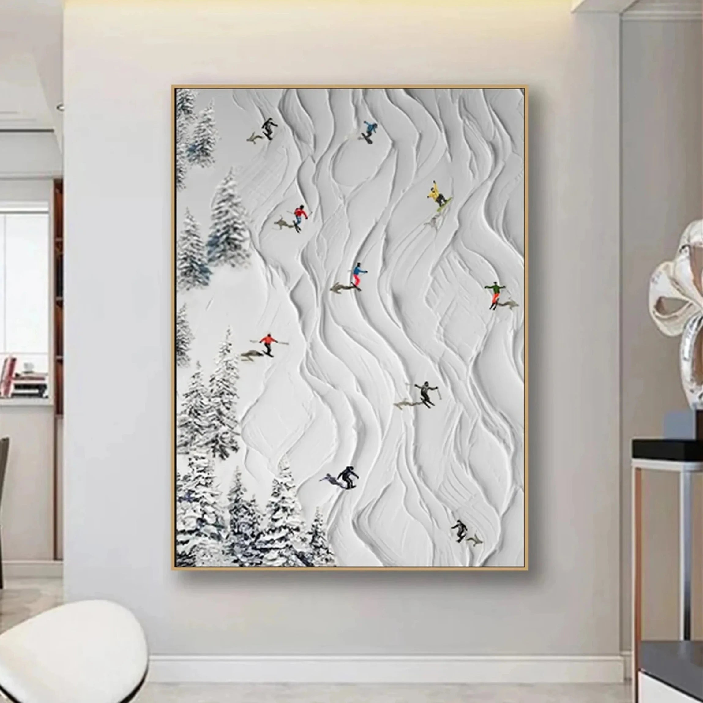 Large Vertical Skiing Artwork | Textured Snow Scene Canvas Wall Art