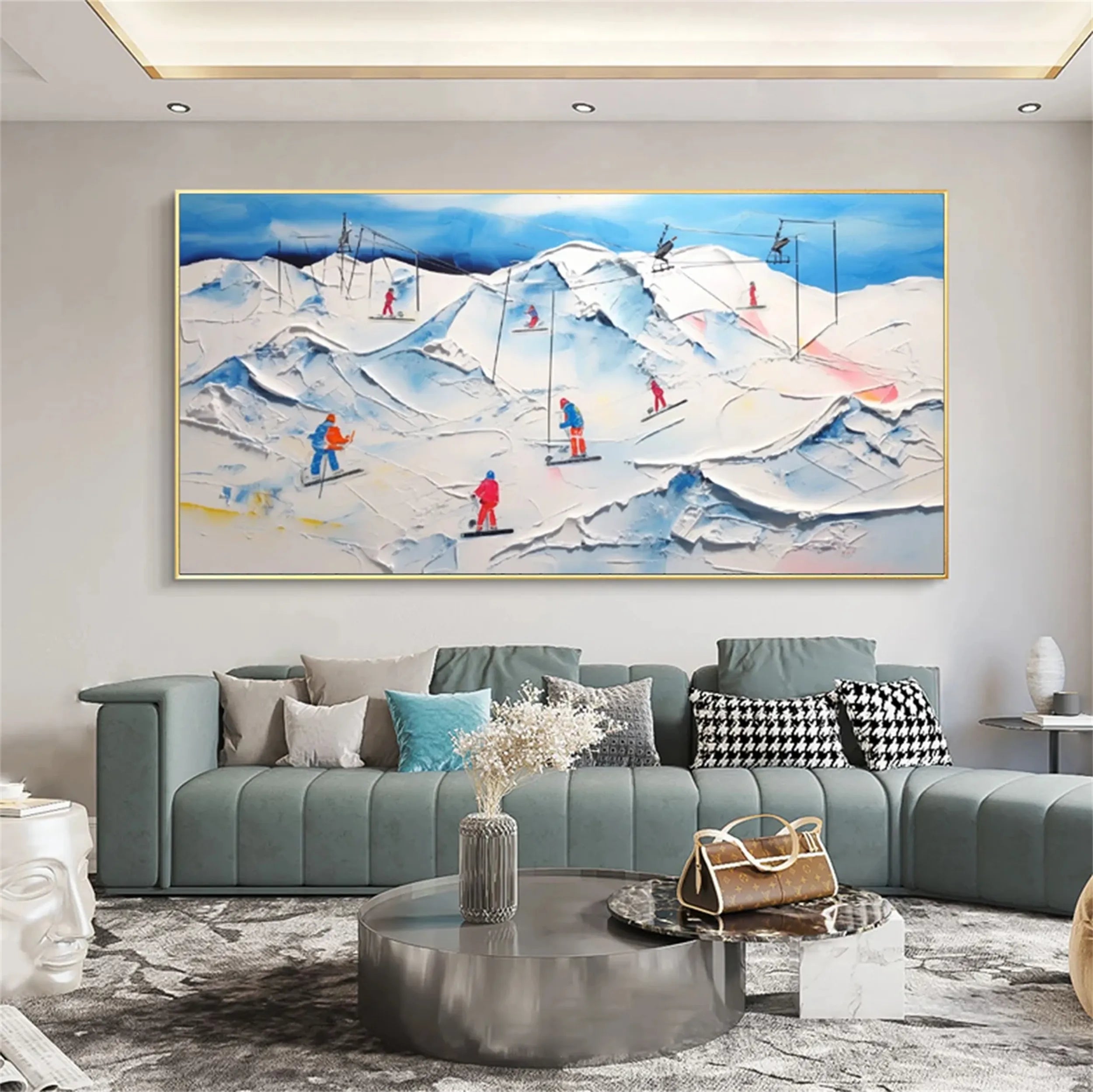 Abstract Skiing Landscape Painting | Large Textured Ski Art #JJ 390